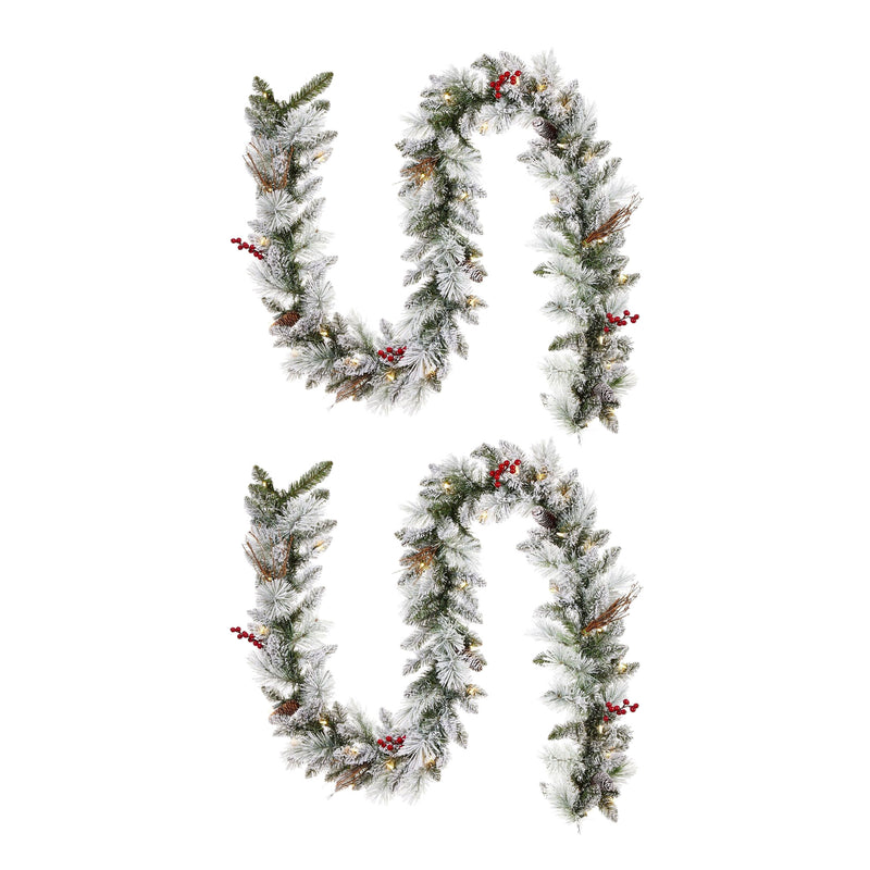 NOMA Snow Dusted Berry 9 Foot Pre Lit Christmas Garland Holiday Decor (2 Pack)