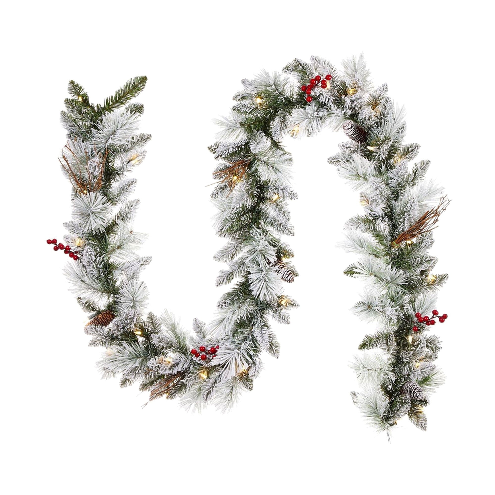 NOMA Snow Dusted Berry 9 Foot Pre Lit Christmas Garland Holiday Decor (2 Pack) - VMInnovations