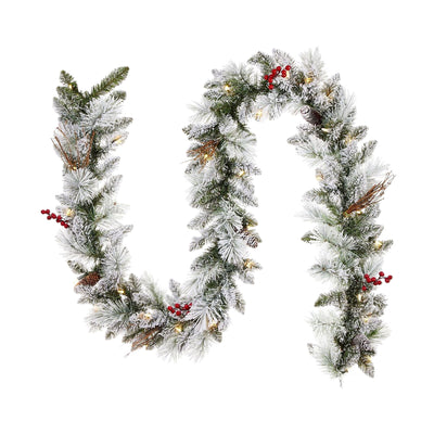 NOMA Snow Dusted Berry 9 Foot Pre Lit Christmas Garland Holiday Decor (2 Pack)