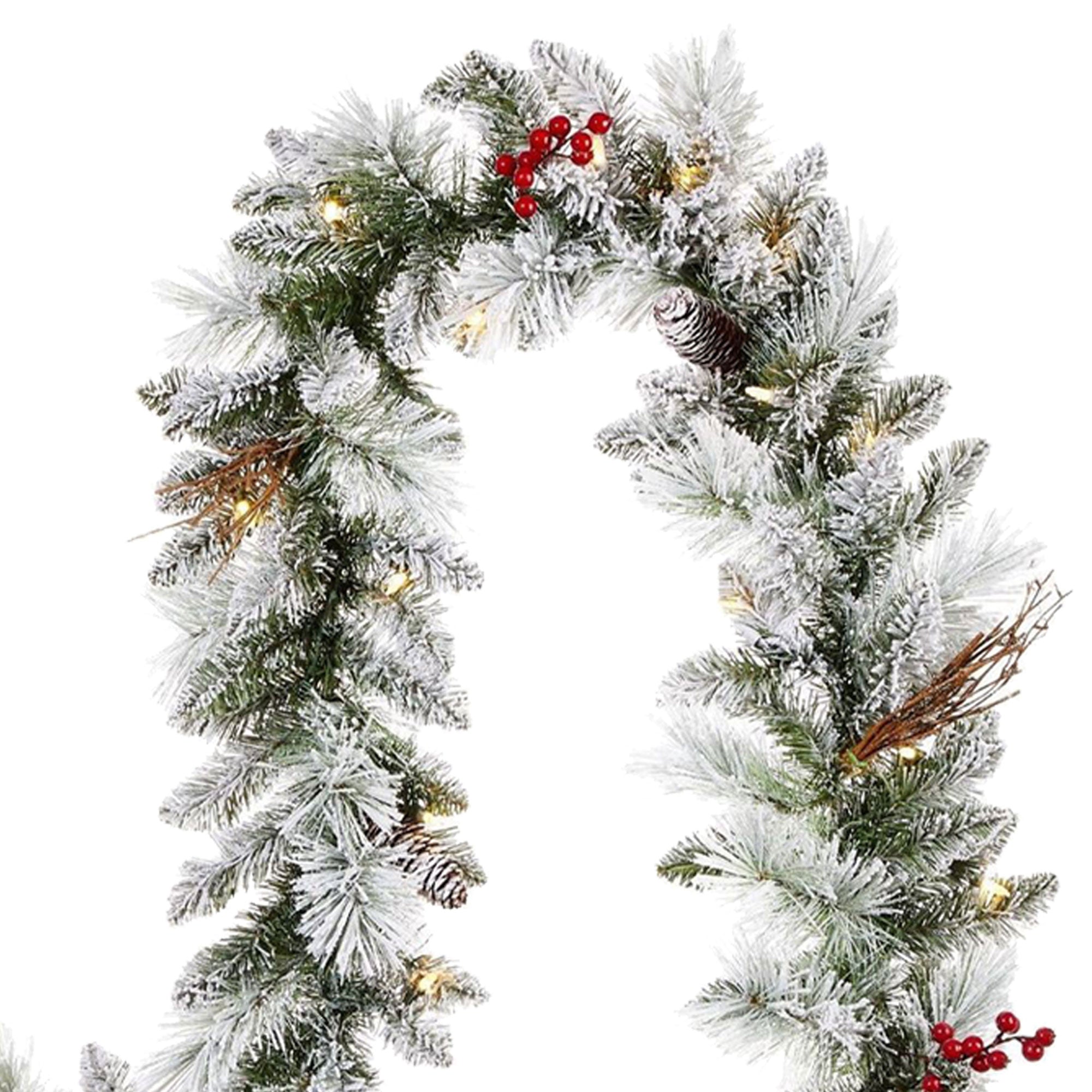 NOMA Snow Dusted Berry 9 Foot Pre Lit Christmas Garland Holiday Decor (2 Pack) - VMInnovations