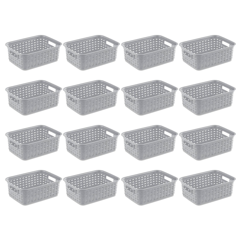 Sterilite 11" Small Weave Open Bin Organize Wicker Storage Basket, Grey, 16 Pack