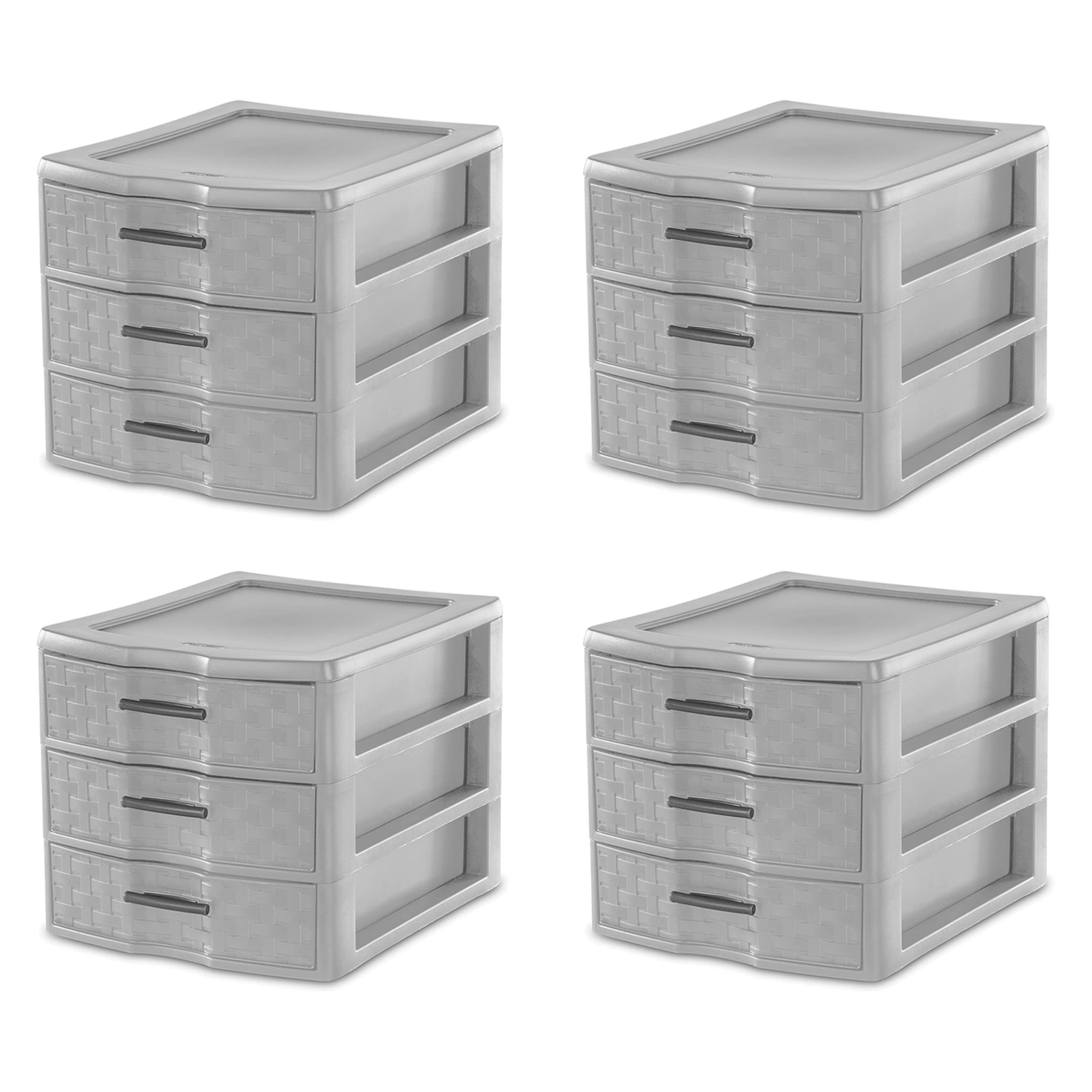 Sterilite Medium Weave 3 Drawer Storage Unit Versatile Organizer, Grey (4 Pack)