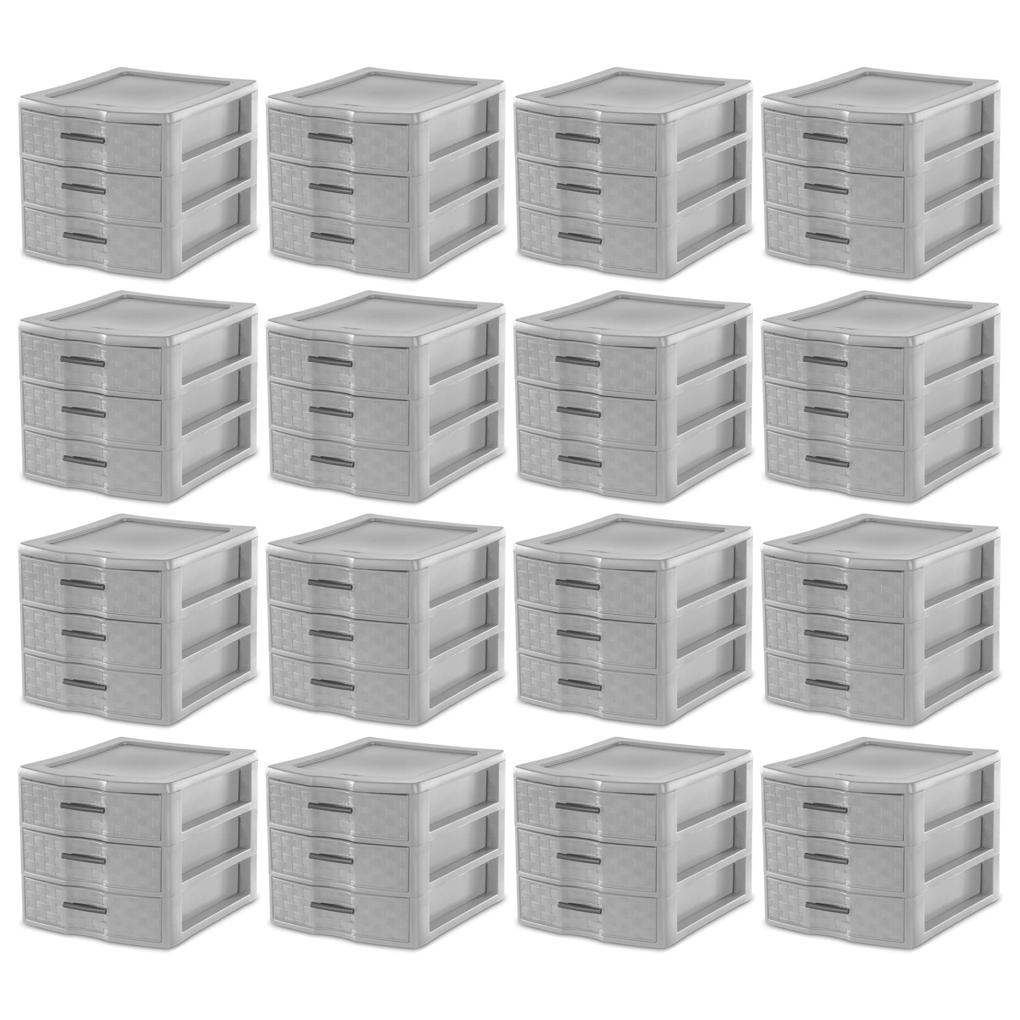 Sterilite Medium Weave 3 Drawer Storage Unit Versatile Organizer, Grey (16 Pack)