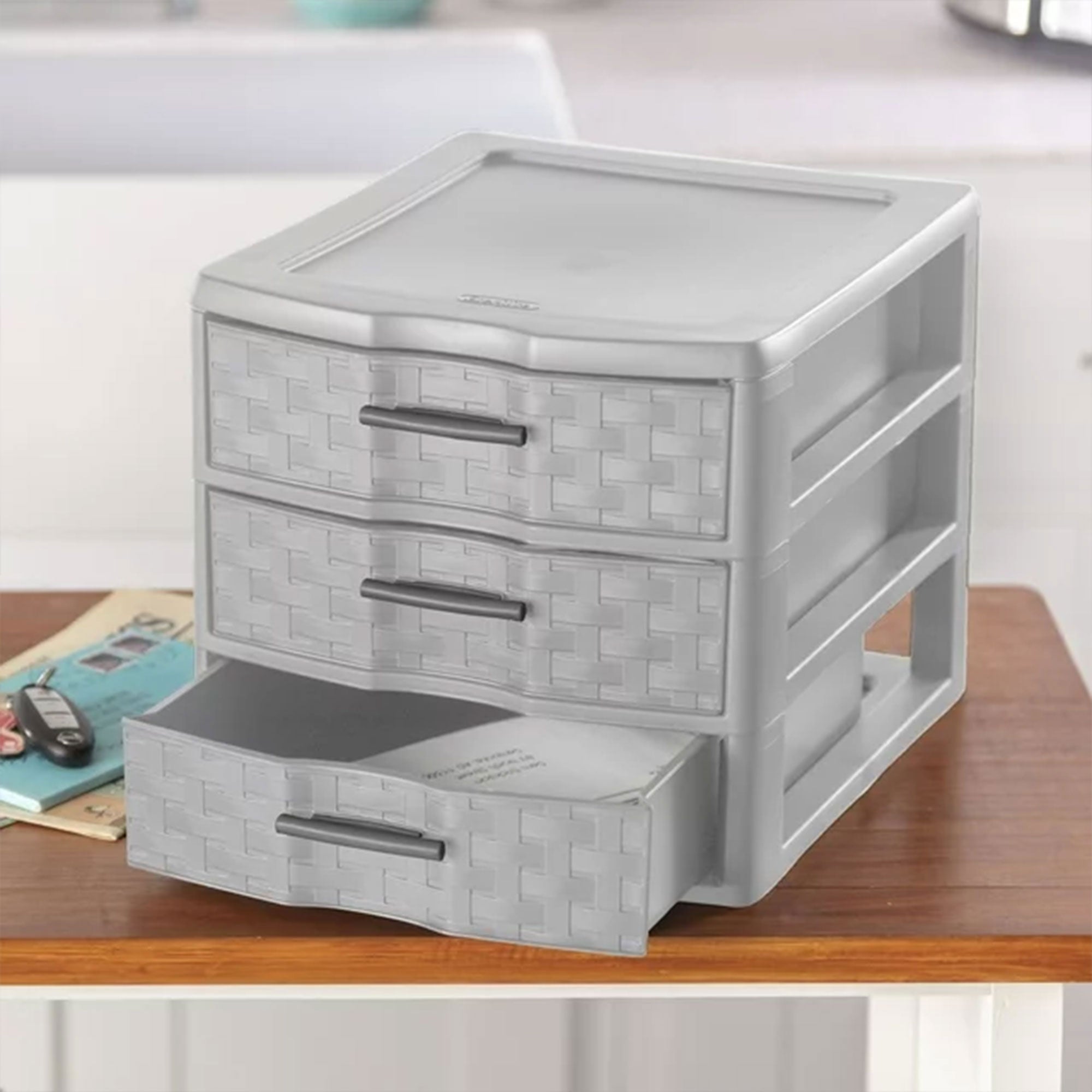 Sterilite Medium Weave 3 Drawer Storage Unit Versatile Organizer, Grey (16 Pack)