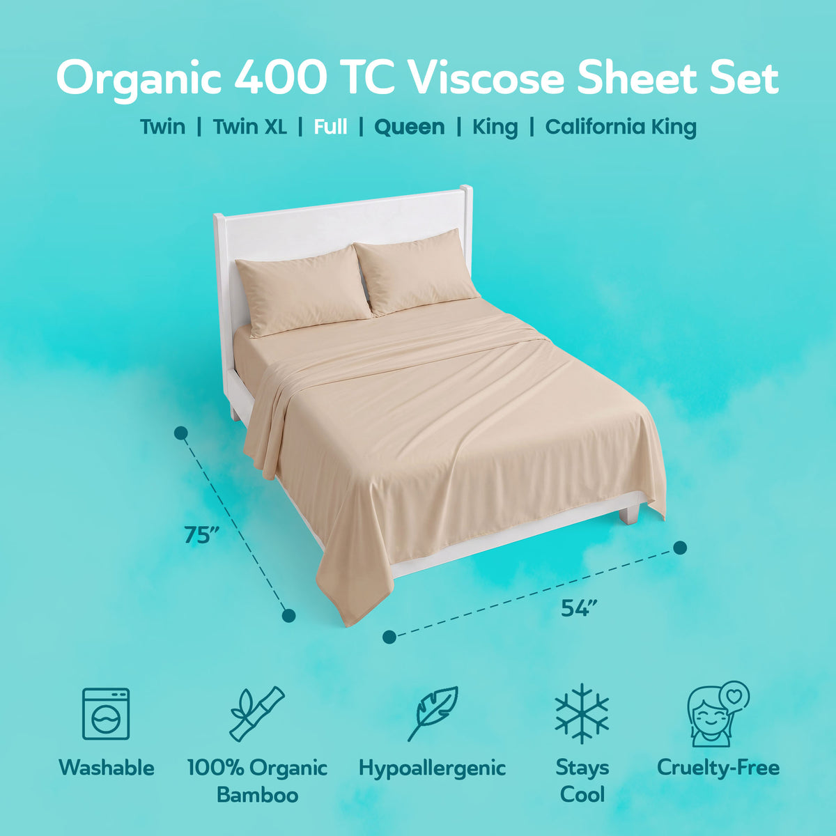 Sleepgram Viscose from Bamboo Full Bed Sheet Set with 2 Pillowcases, Sand (Used)