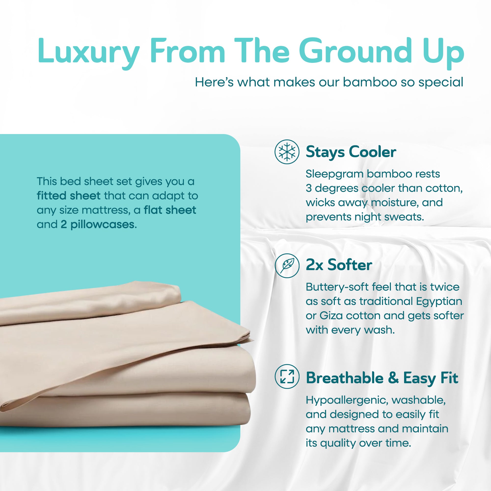 Sleepgram Viscose from Bamboo King Bed Sheet Set with 2 Pillowcases, Sand (Used)