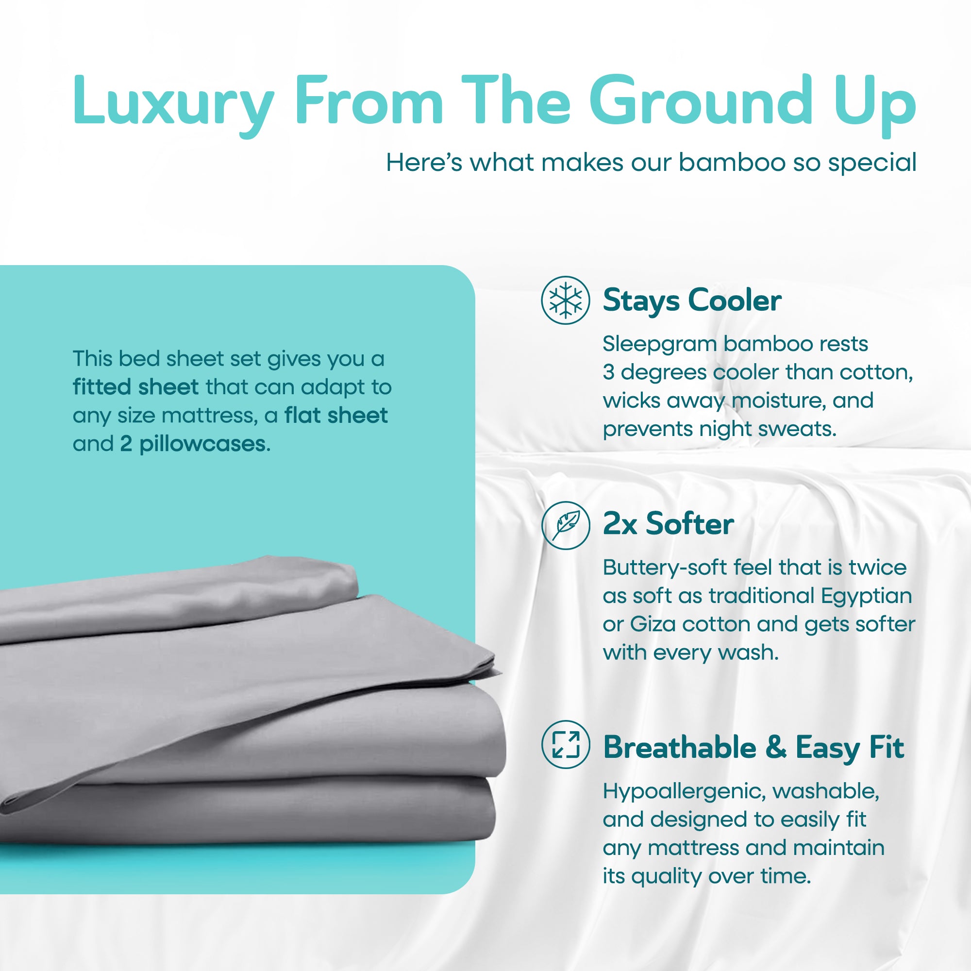 Sleepgram Viscose from Bamboo Queen Bed Sheet Set with 2 Pillowcases, Grey Stone