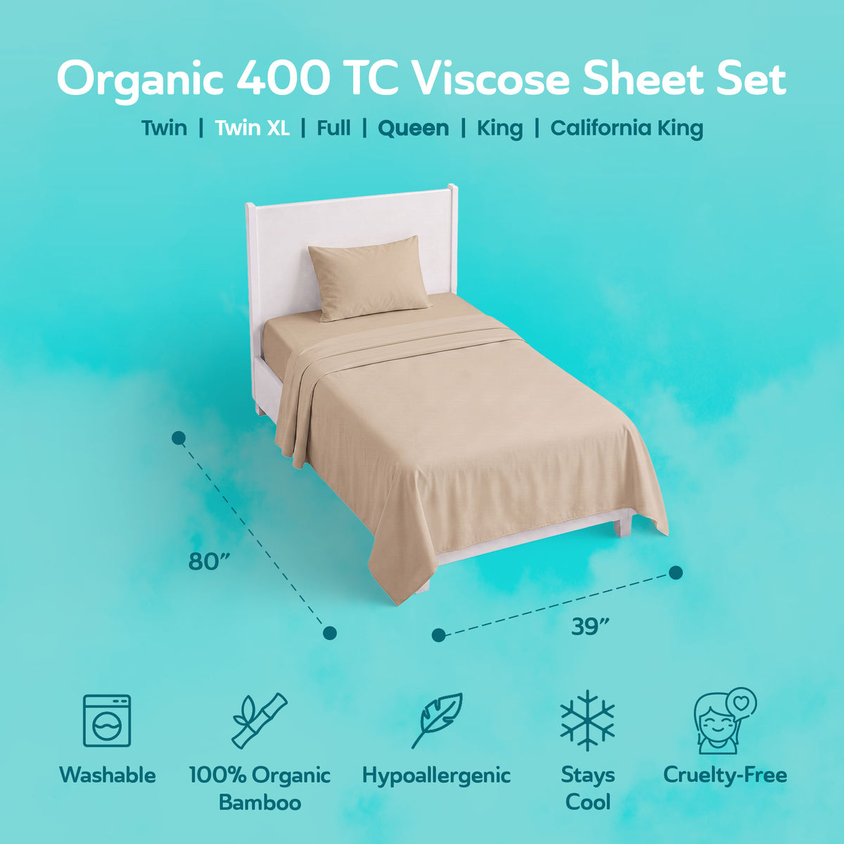 Sleepgram Viscose from Bamboo TwinXL Bed Sheet Set w/2 Pillowcases, Sand