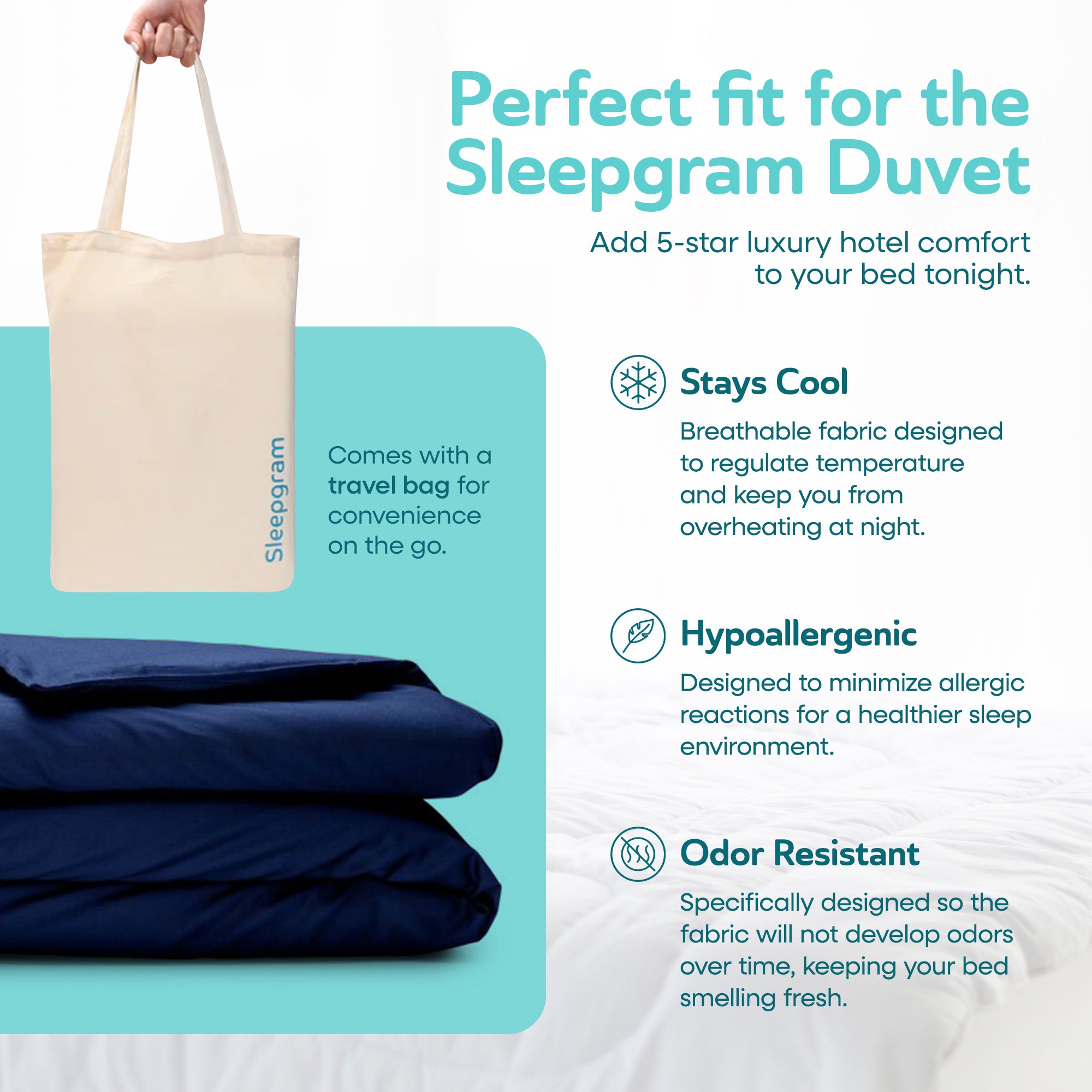 Sleepgram Supima 400 Thread Count Cotton Duvet Cover with Travel Bag, King, Blue
