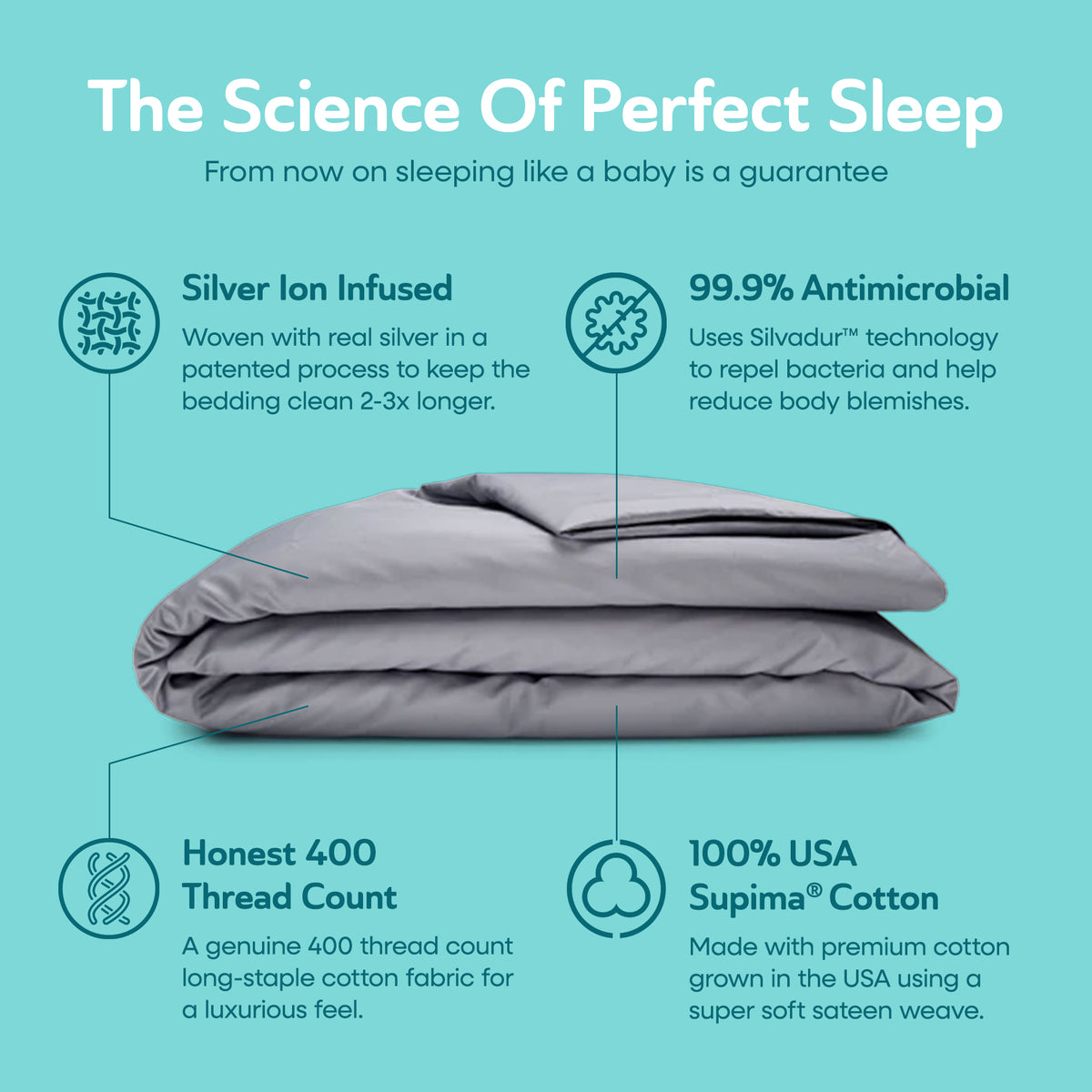 Sleepgram Supima 400 Thread Count Cotton Duvet Cover with Travel Bag, King, Grey