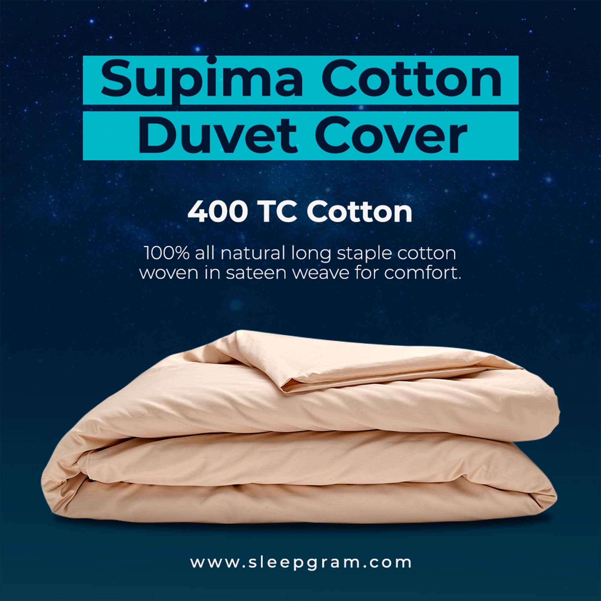 Sleepgram Supima 400 Thread Cotton Duvet Cover and Bag, Queen, Sand (Open Box)