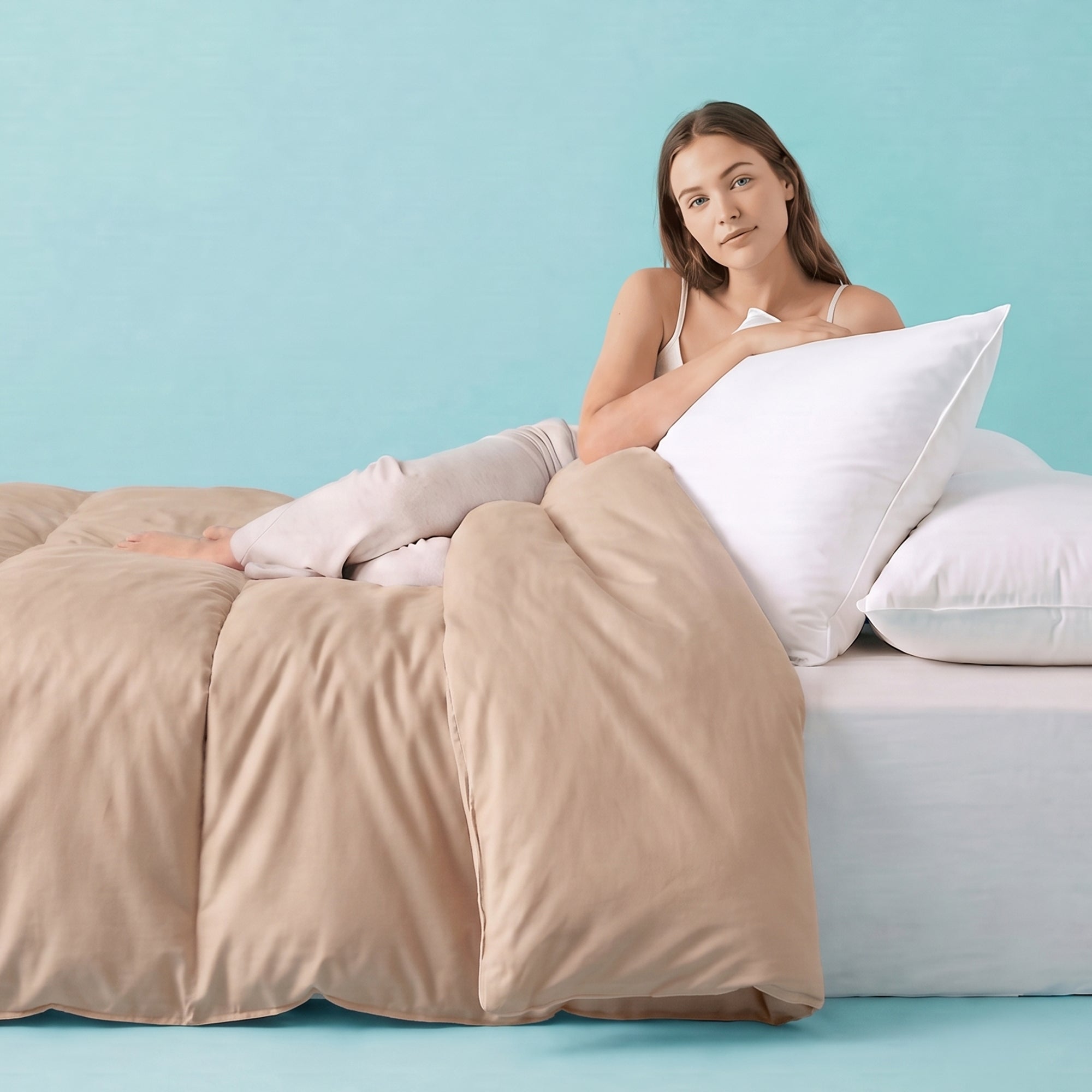 Sleepgram Supima 400 Thread Count Cotton Duvet Cover with Travel Bag, King, Sand - VMInnovations