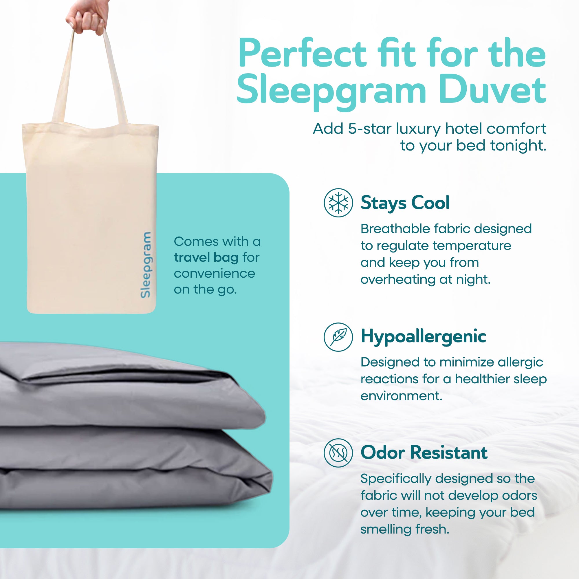 Sleepgram Supima 400 Thread Count Cotton Duvet Cover and Travel Bag, Queen, Grey