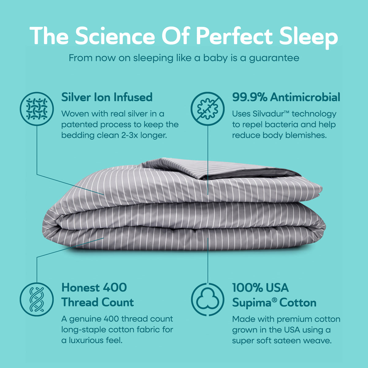 Sleepgram Supima 400 Thread Count Cotton Duvet Cover and Travel Bag, Queen, Grey