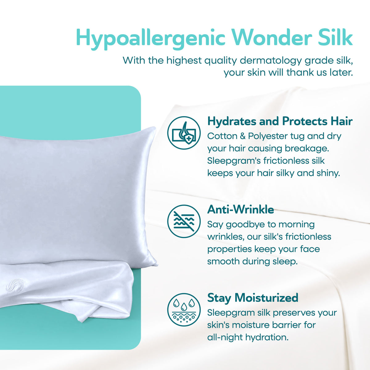 Sleepgram Queen Standard Size Breathable Cooling 6A Silk Pillowcase, Grey Stone