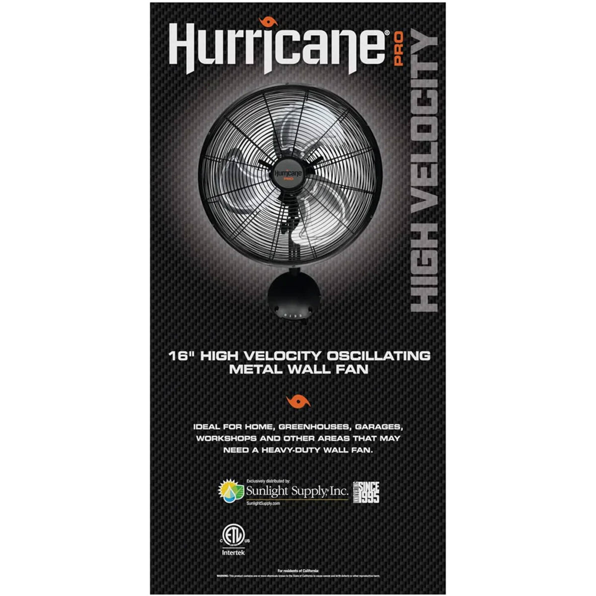 Hurricane 16 Inch Pro High Velocity Oscillating Metal Wall Mount Fan, Black