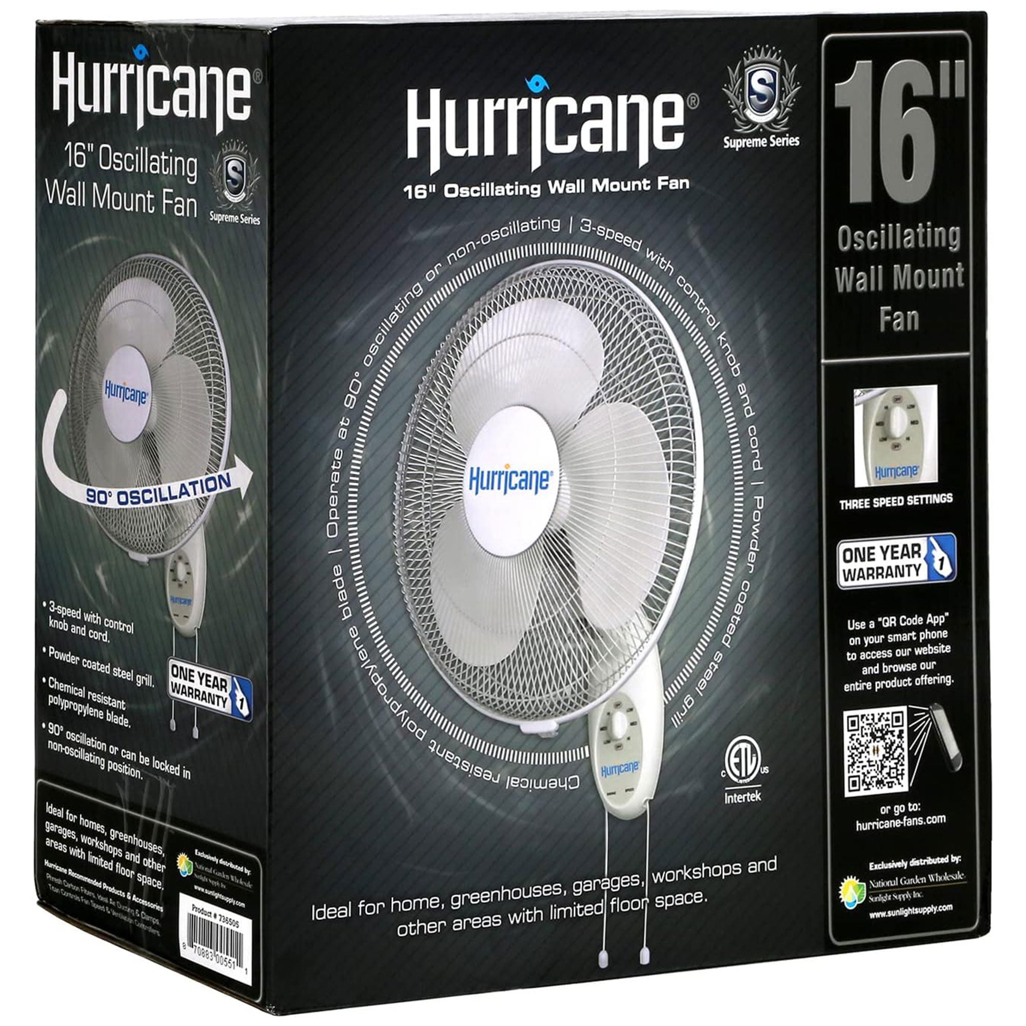 Hurricane Supreme 16" 90 Degree Oscillating 3 Speed Wall Mounted Fan (For Parts) - VMInnovations