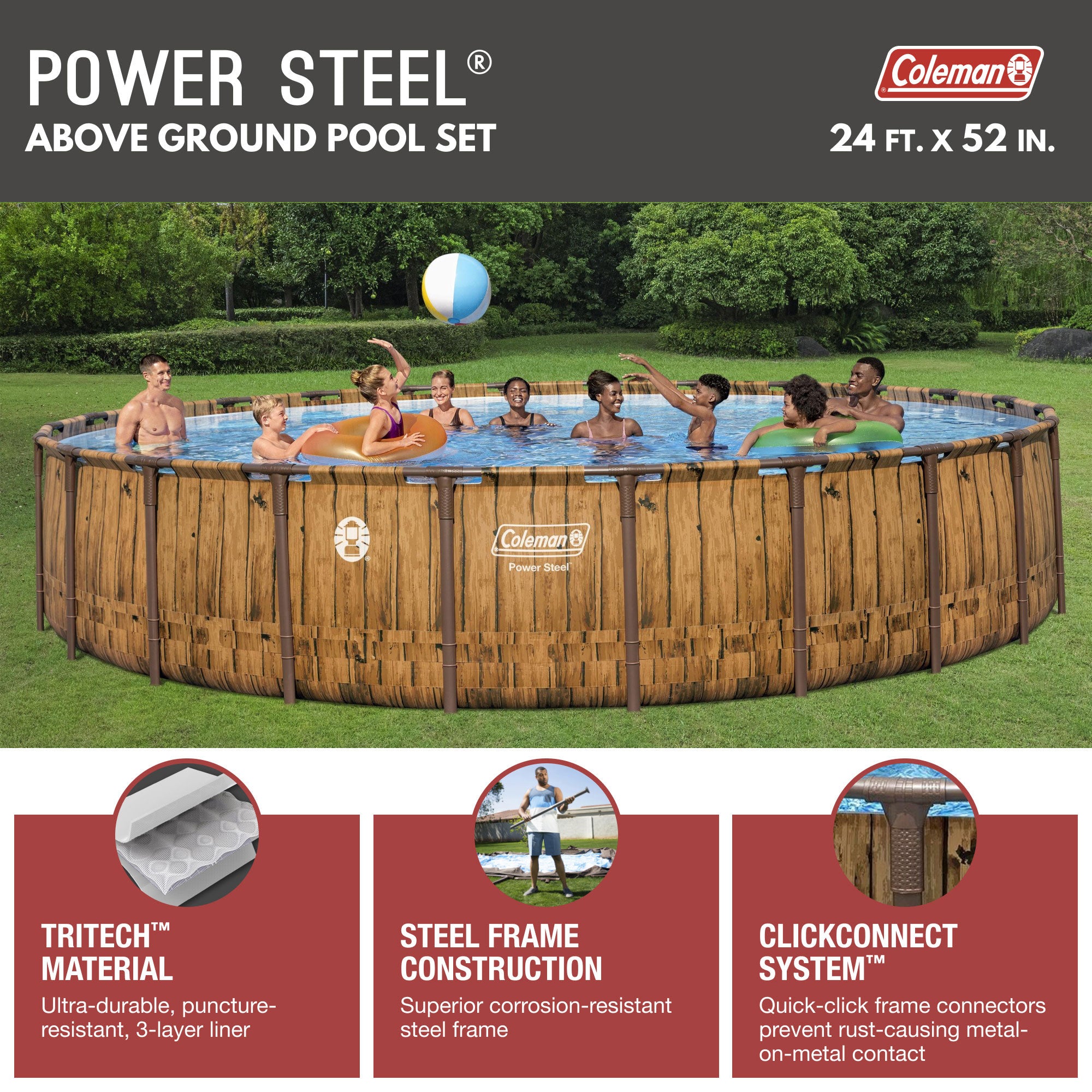 Coleman Power Steel 24' x 52" Metal Frame Above Ground Swimming Pool (Open Box)