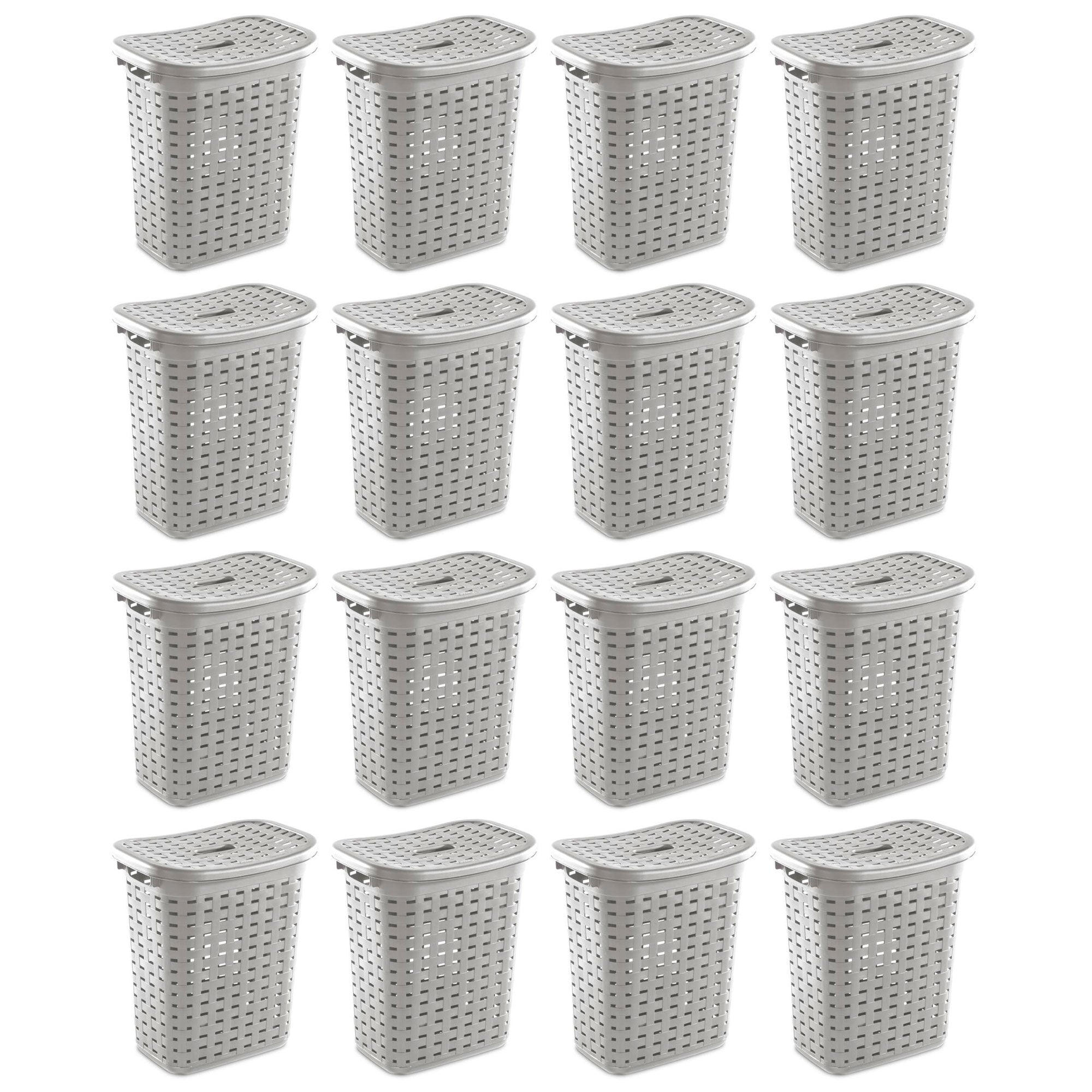 Sterilite Plastic Weave Laundry Hamper Slim Clothes Lidded Basket, Gray, 16-Pack