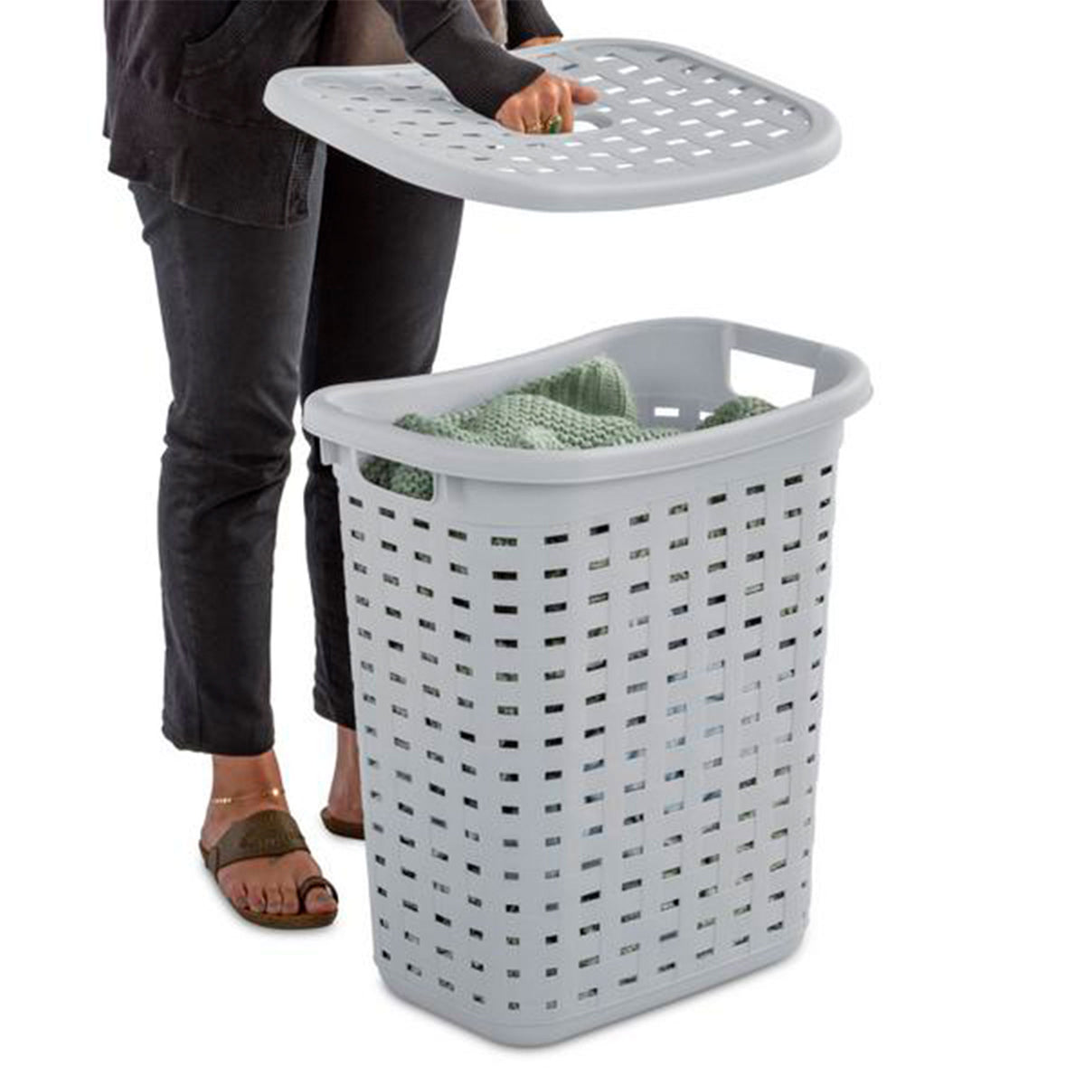 Sterilite Plastic Weave Laundry Hamper Slim Clothes Lidded Basket, Gray, 16-Pack