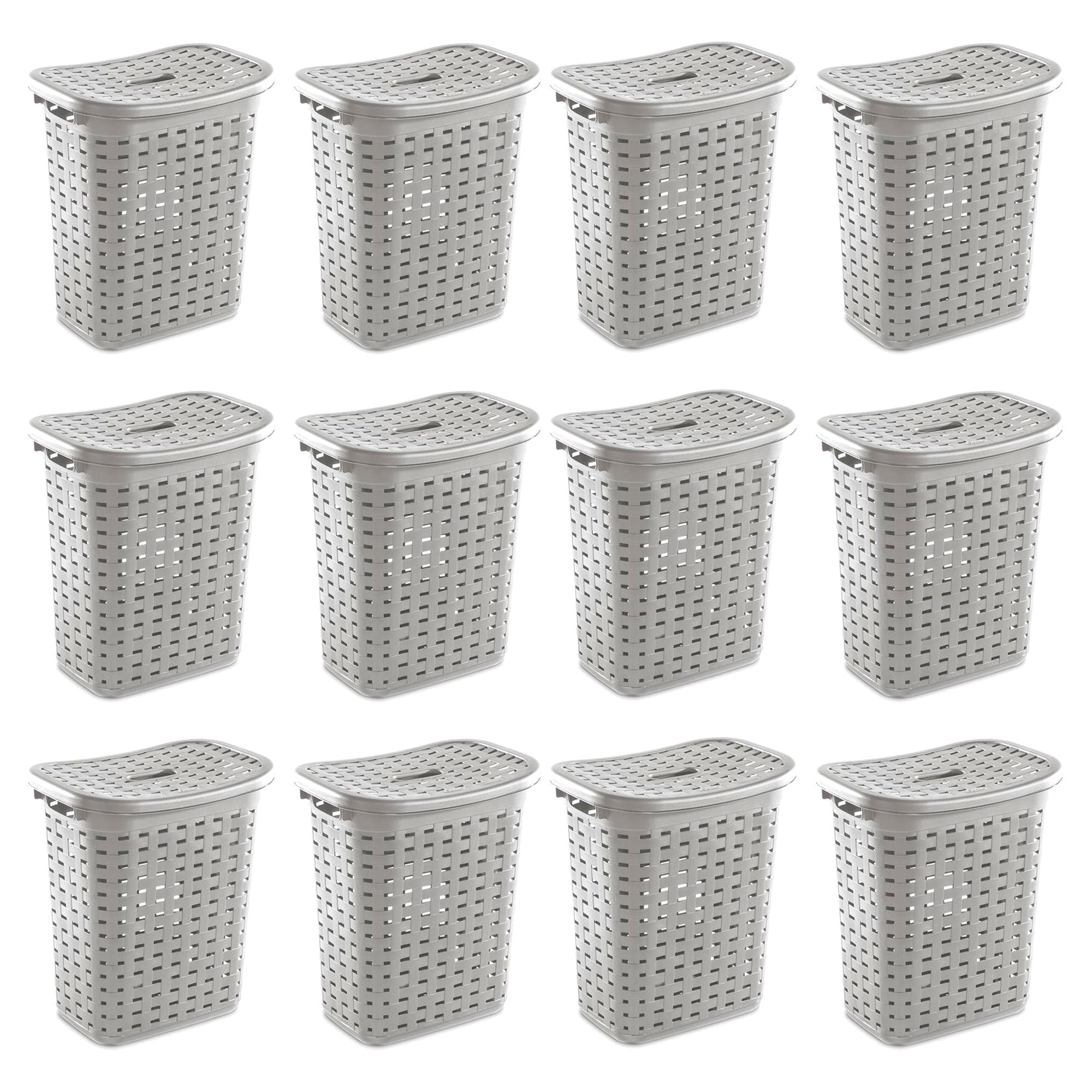 Sterilite Plastic Weave Laundry Hamper Slim Clothes Lidded Basket, Gray, 12-Pack