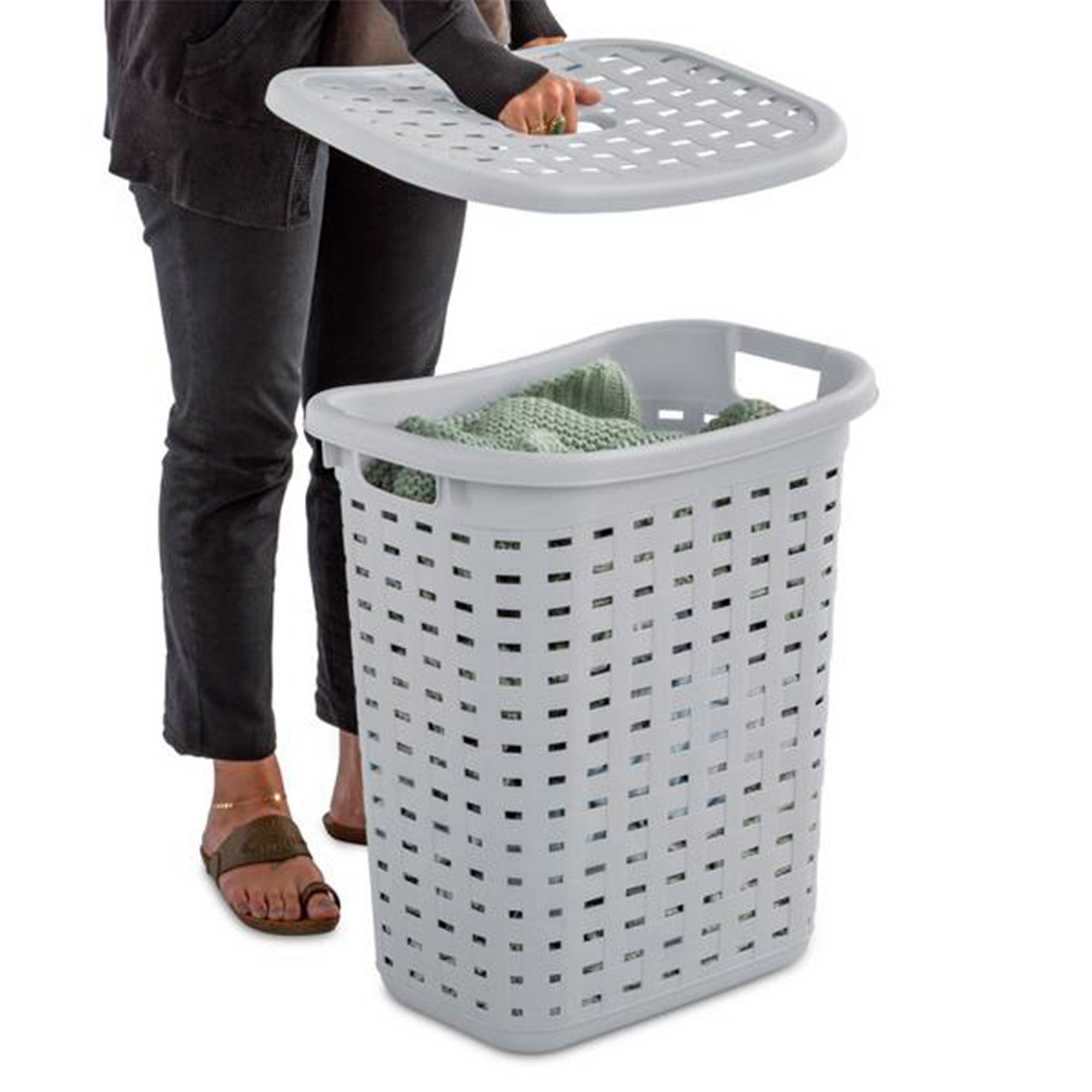 Sterilite Plastic Weave Laundry Hamper Slim Clothes Lidded Basket, Gray, 12-Pack