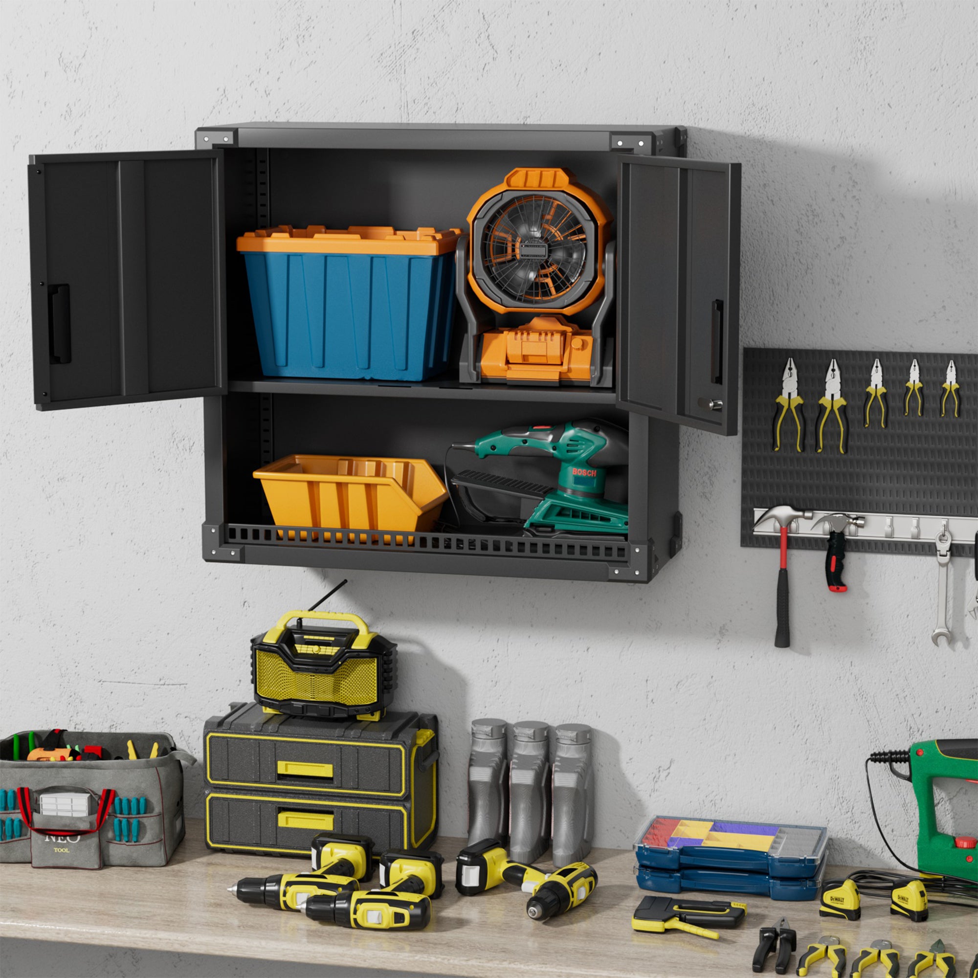 AOBABO Metal Garage Wall Mounted Cabinet w/Locking Door & Shelf, Black(Open Box) - VMInnovations