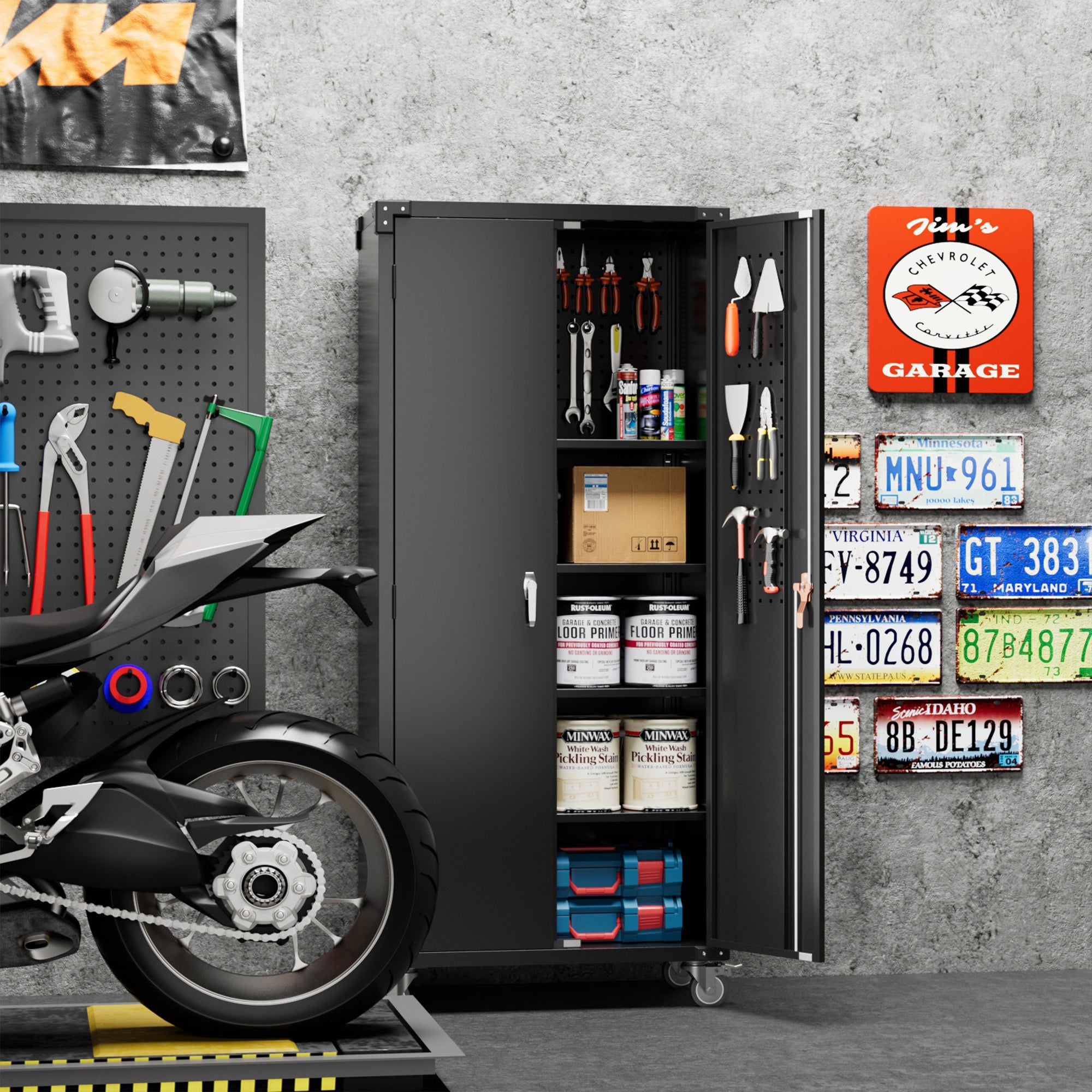 AOBABO 72 Inch Locking Metal Garage Storage Cabinet w/ Wheels & Pegboards, Black - VMInnovations
