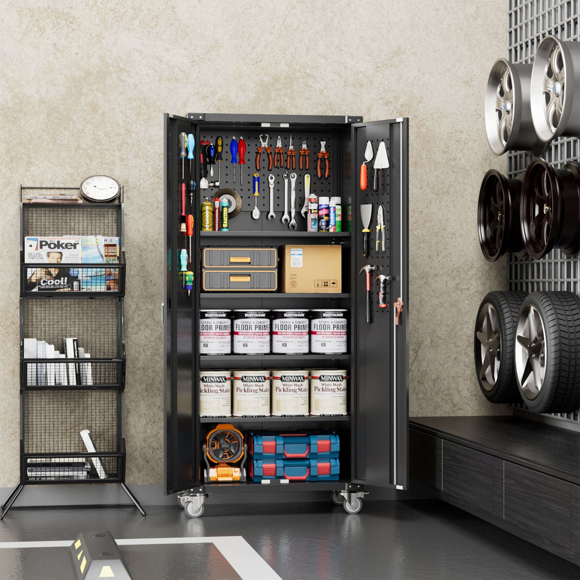 AOBABO 72 Inch Locking Metal Garage Cabinet w/Wheels & Pegboards,Black(Open Box) - VMInnovations