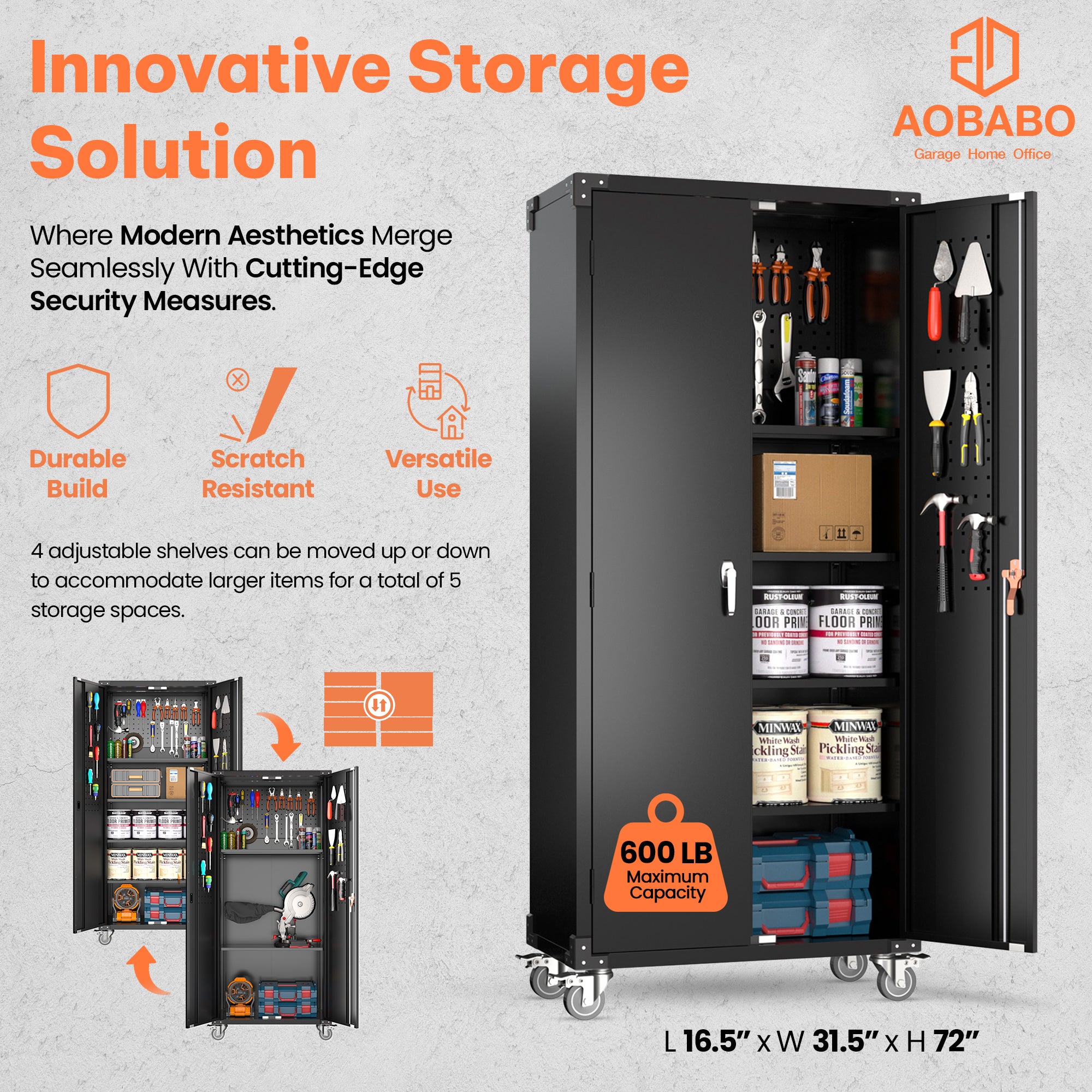 AOBABO 72 Inch Locking Metal Garage Storage Cabinet w/ Wheels & Pegboards, Black - VMInnovations