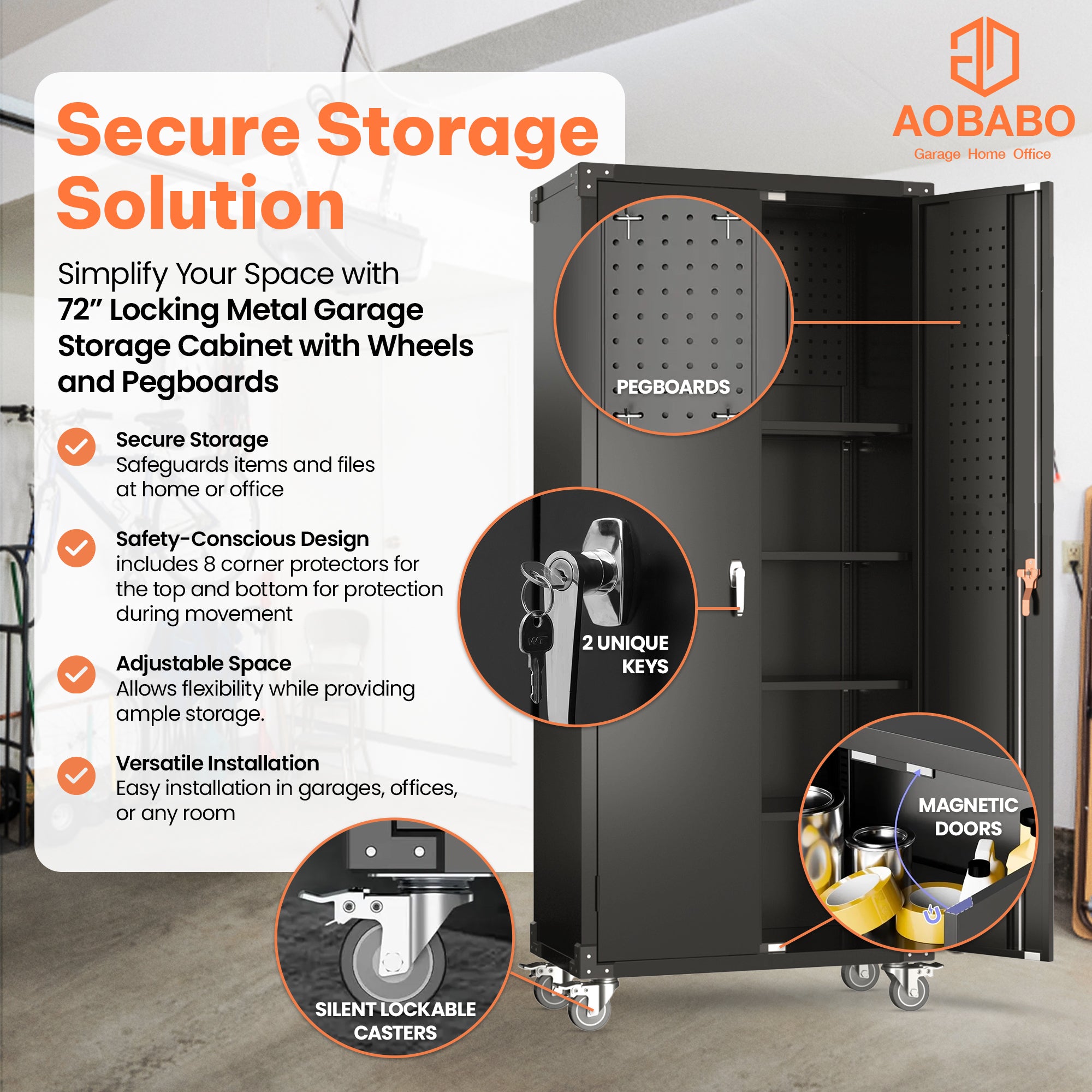 AOBABO 72 Inch Locking Metal Garage Storage Cabinet w/ Wheels & Pegboards, Black - VMInnovations