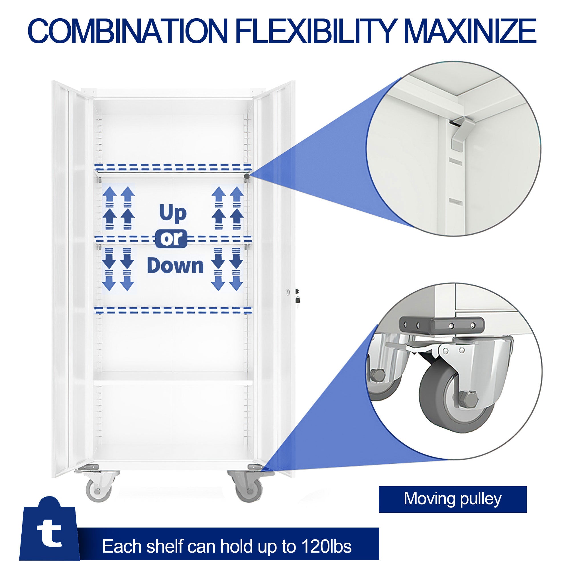 AOBABO 72” Locking Metal Garage Office Storage Cabinet w/Wheels, White(Open Box) - VMInnovations