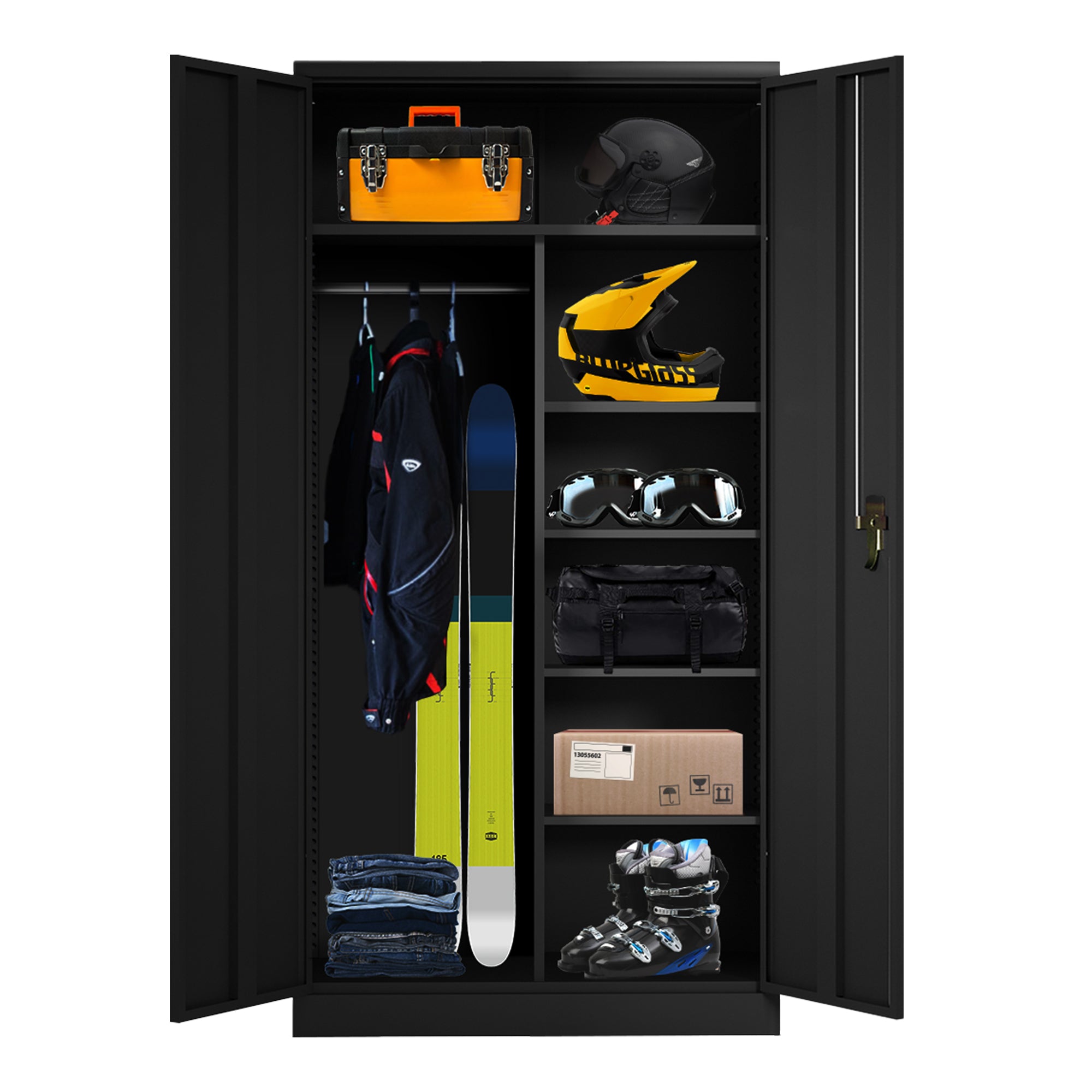 AOBABO Metal Storage Cabinet with 3 Adjustable Shelves and 1 Cloth Rail, Black - VMInnovations