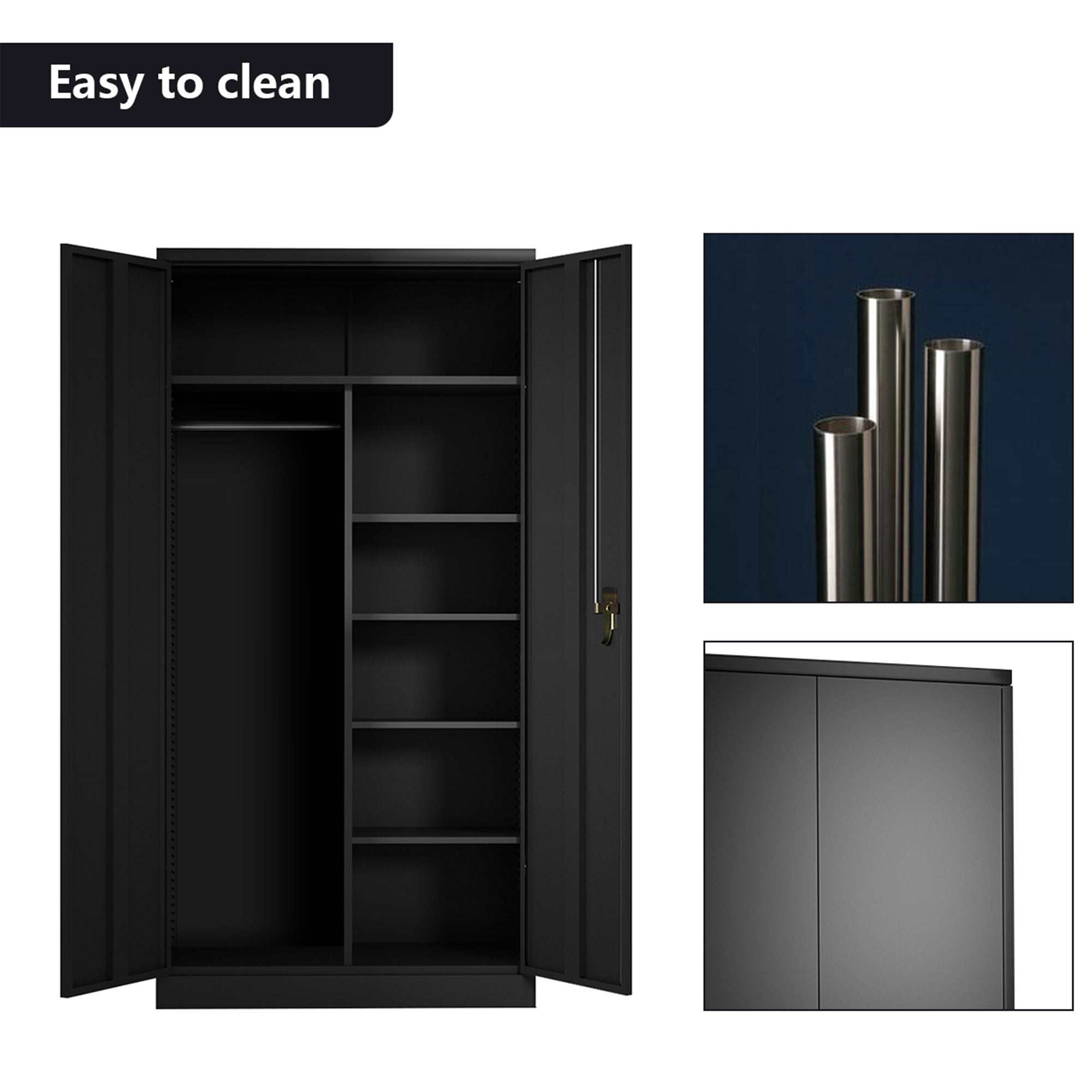 AOBABO Metal Storage Cabinet with 3 Adjustable Shelves and 1 Cloth Rail, Black - VMInnovations