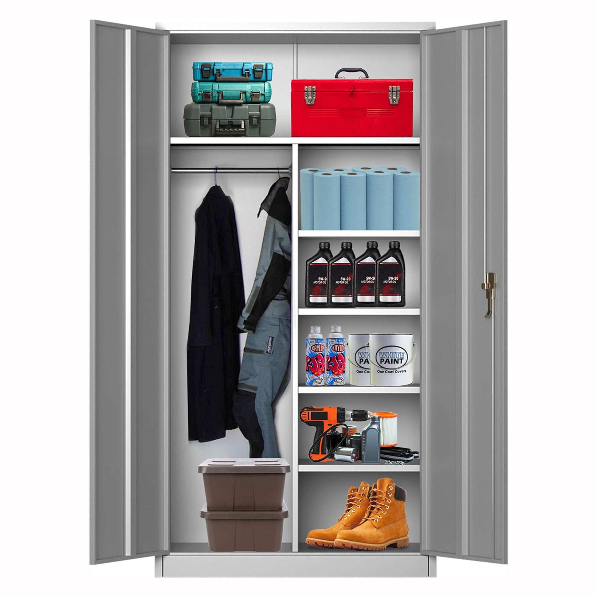 AOBABO Metal Storage Cabinet with 3 Adjustable Shelves and 1 Cloth Rail, White - VMInnovations