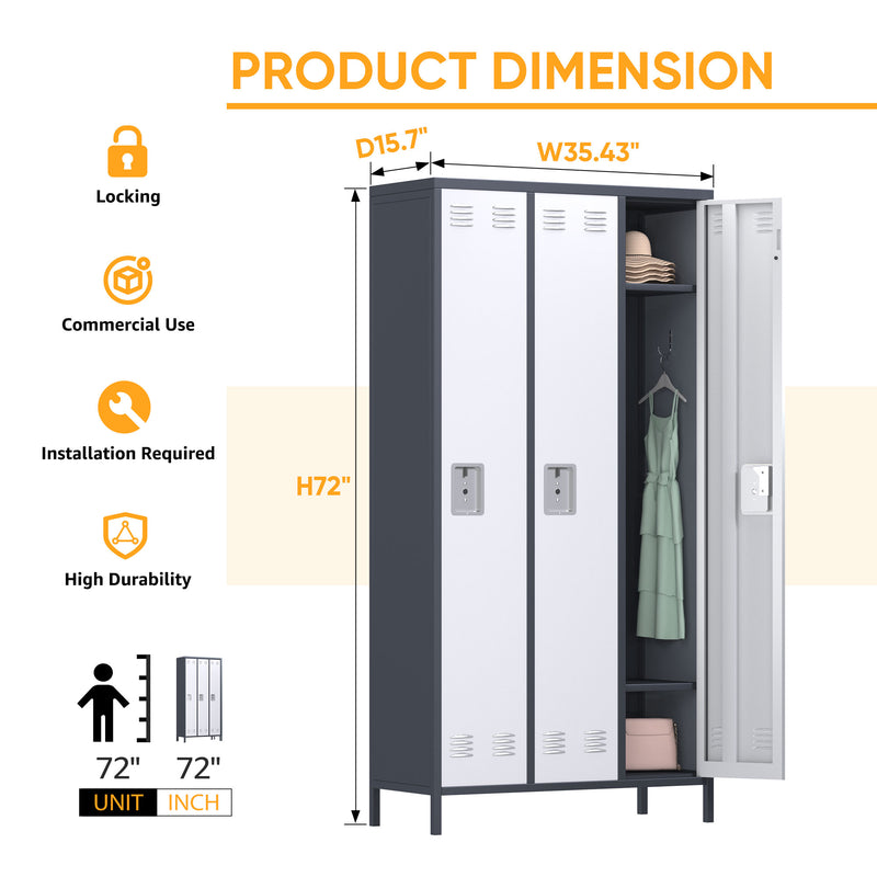 AOBABO 3 Door Steel Storage Cabinet Metal Locker for Office or Bedroom, Gray