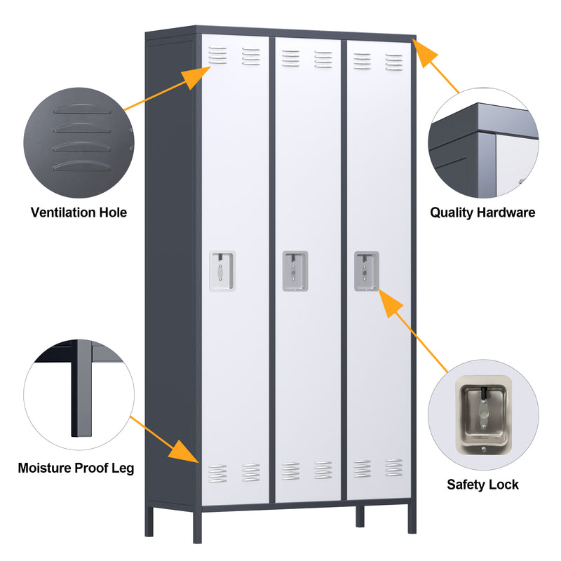 AOBABO 3 Door Steel Storage Cabinet Metal Locker for Office or Bedroom, Gray