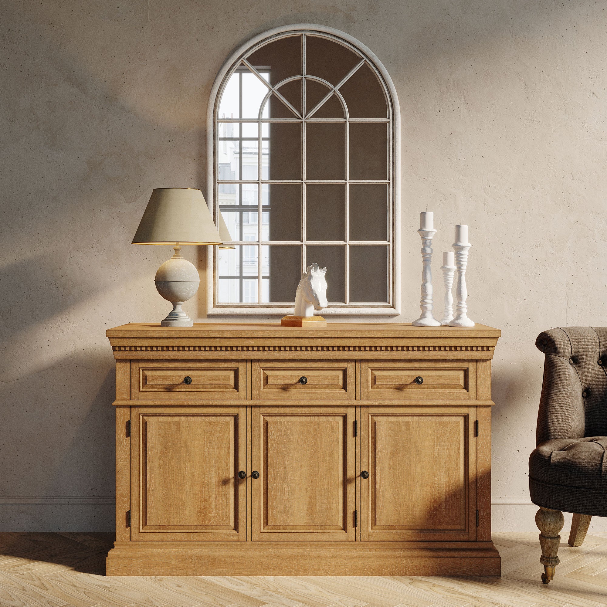 Maven Lane Theo Traditional Wooden Sideboard in Antiqued Natural Finish - VMInnovations