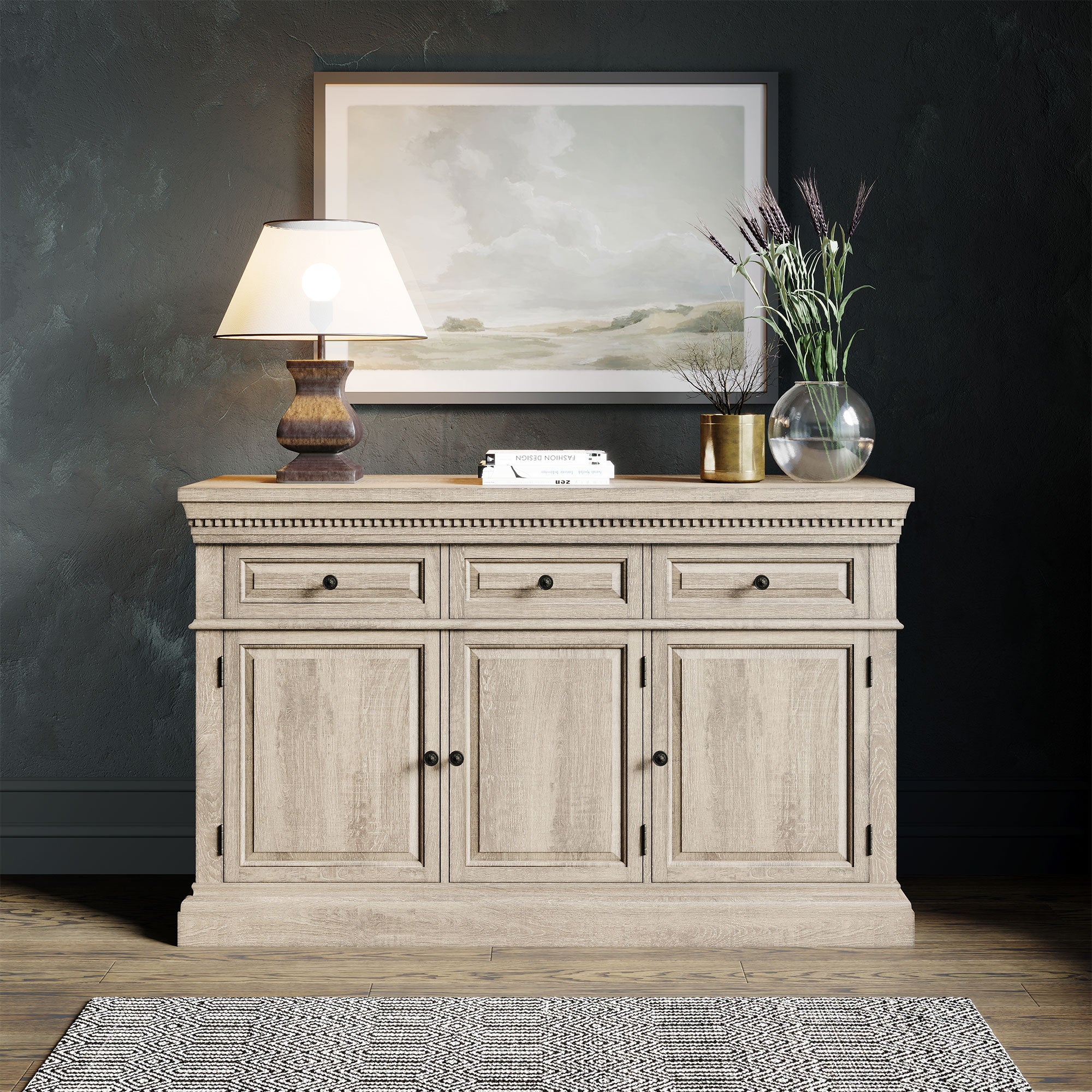 Maven Lane Theo Traditional Wooden Sideboard in Antiqued White Finish - VMInnovations