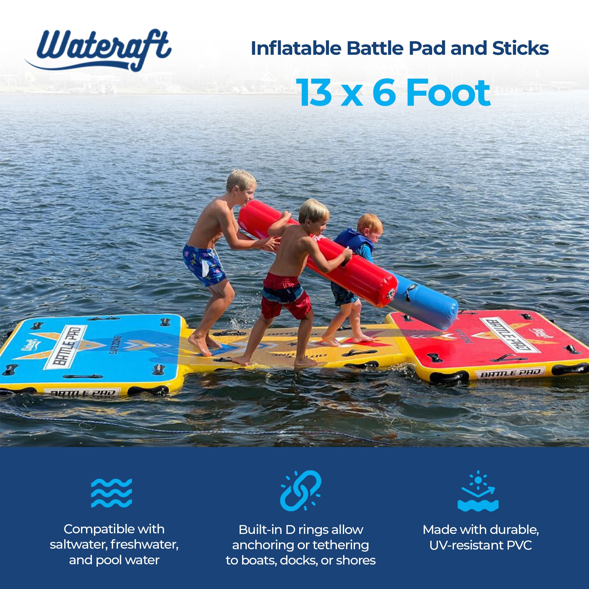 Wateraft Inflatable Battle Pad & Sticks, 13x6'Floating Raft Water Game(Open Box) - VMInnovations