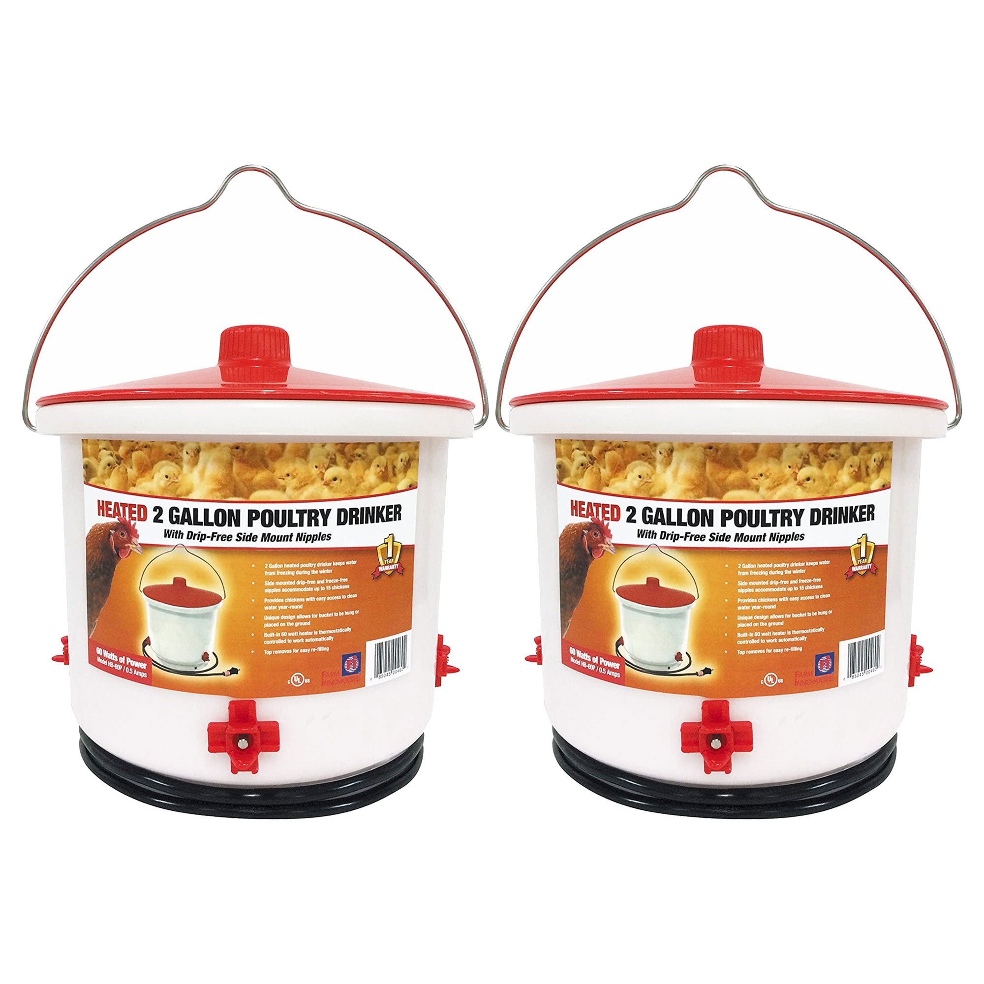 Farm Innovators Heated 2 Gallon Poultry Water Bucket Drinker, White/Red (2 Pack) - VMInnovations