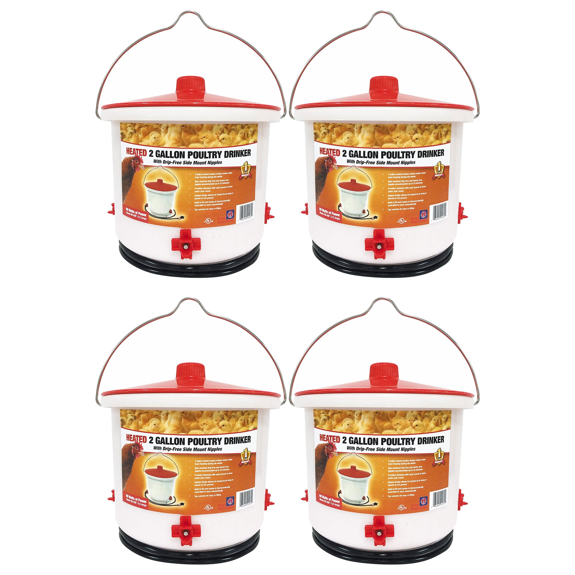 Farm Innovators Heated 2 Gallon Poultry Water Bucket Drinker, White/Red (4 Pack)