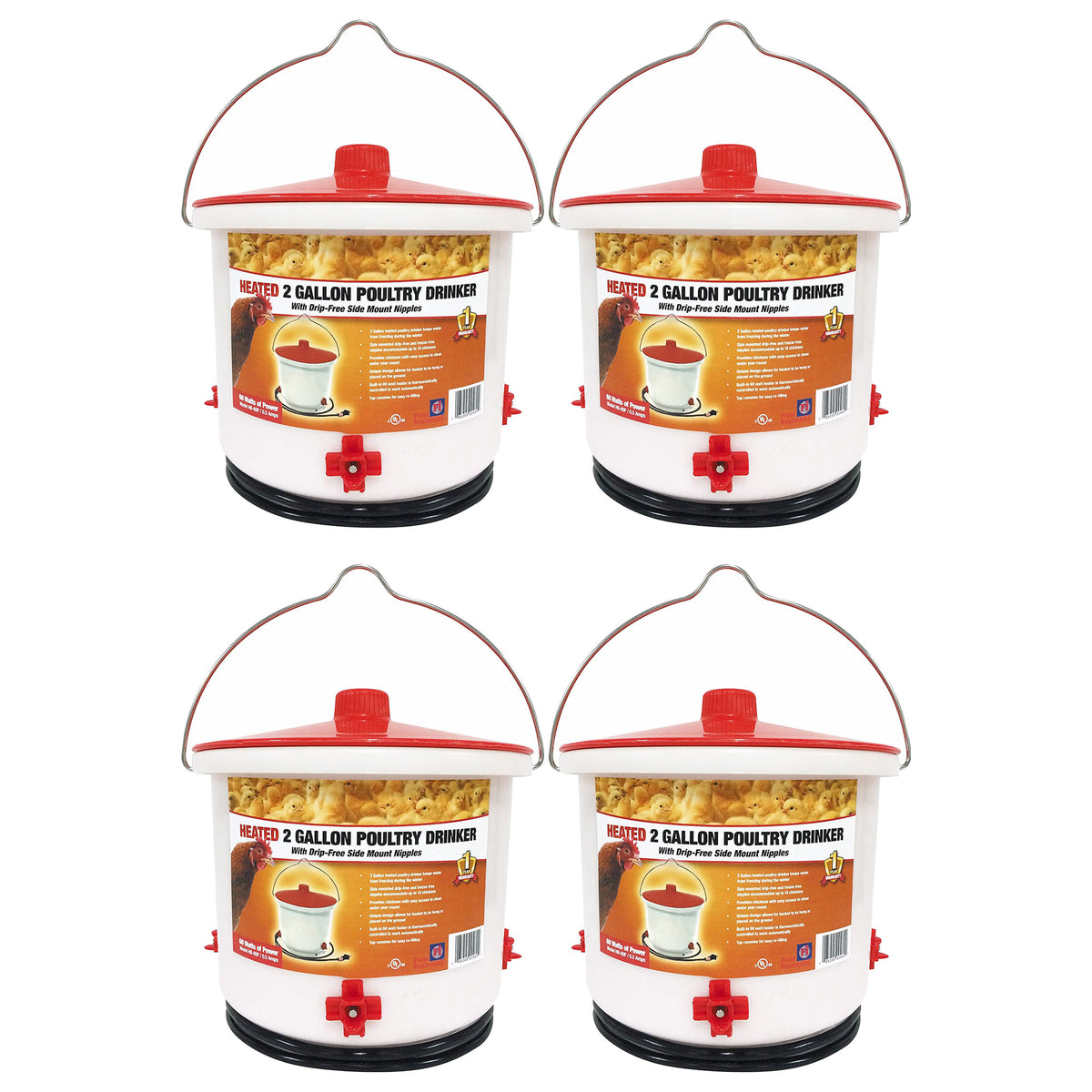 Farm Innovators Heated 2 Gallon Poultry Water Bucket Drinker, White/Red (4 Pack)