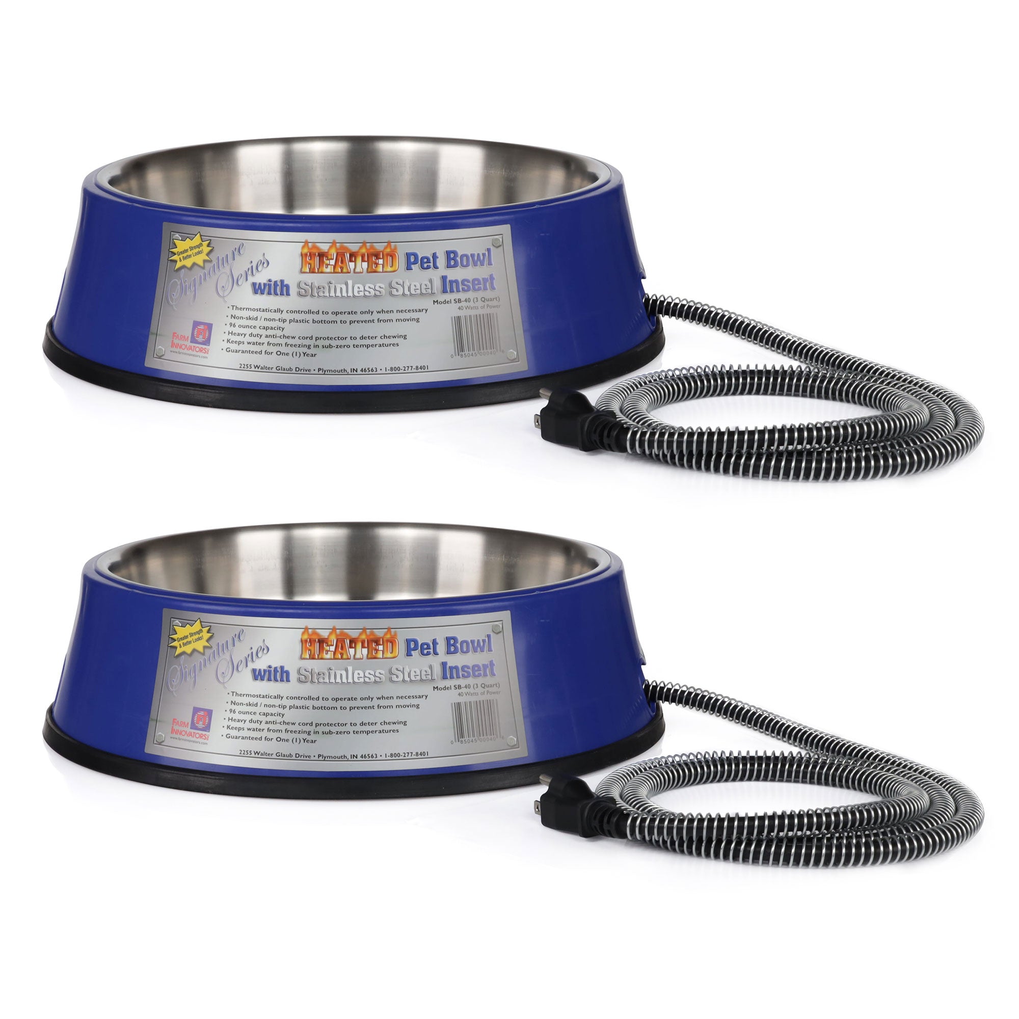 Farm Innovators 3 Quart Heated Pet Bowl with Stainless Steel Insert (2 Pack) - VMInnovations