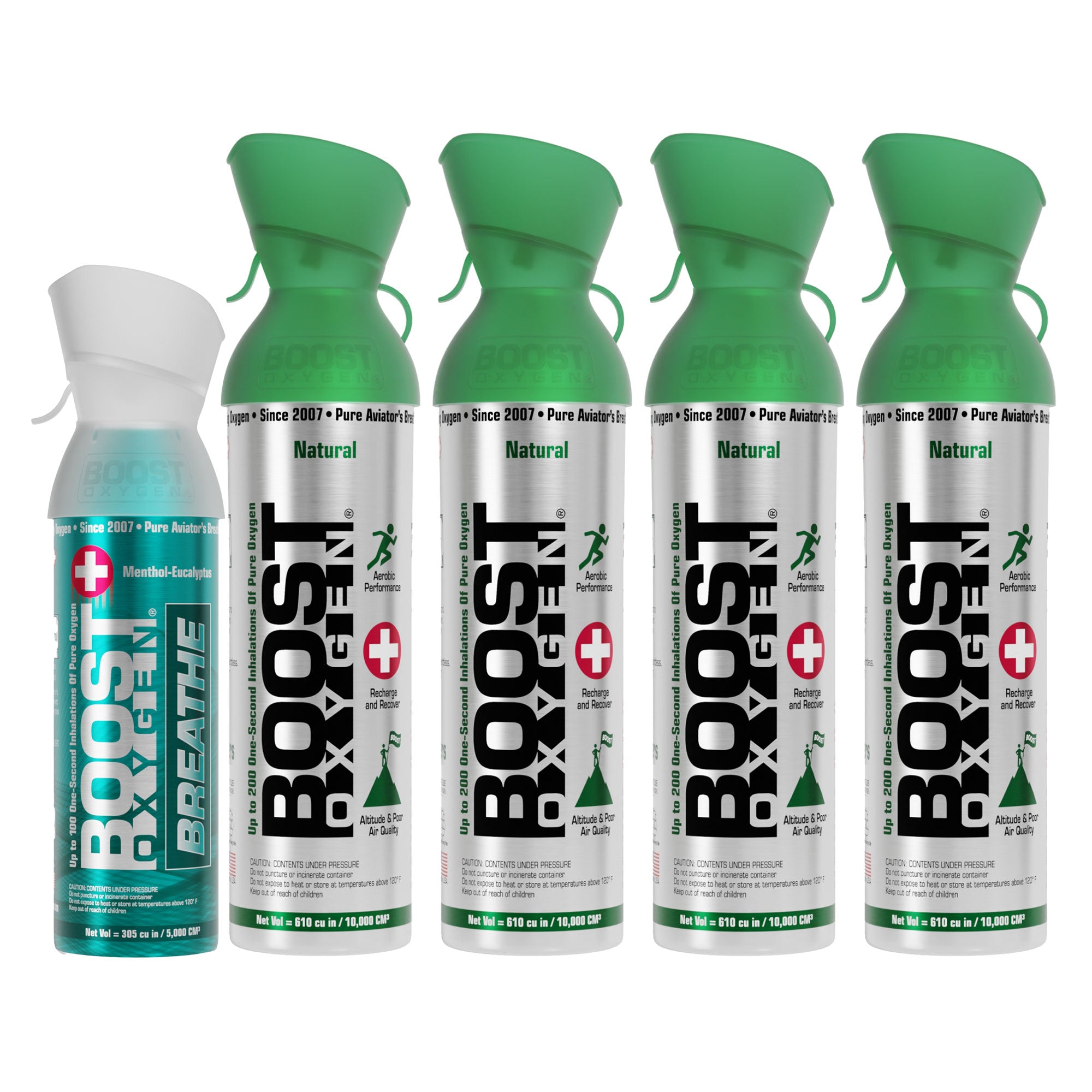 Boost Oxygen 10 Liter Natural (4 Pk) & 5-Liter Eucalyptus (1 Pk) Canned Oxygen - VMInnovations