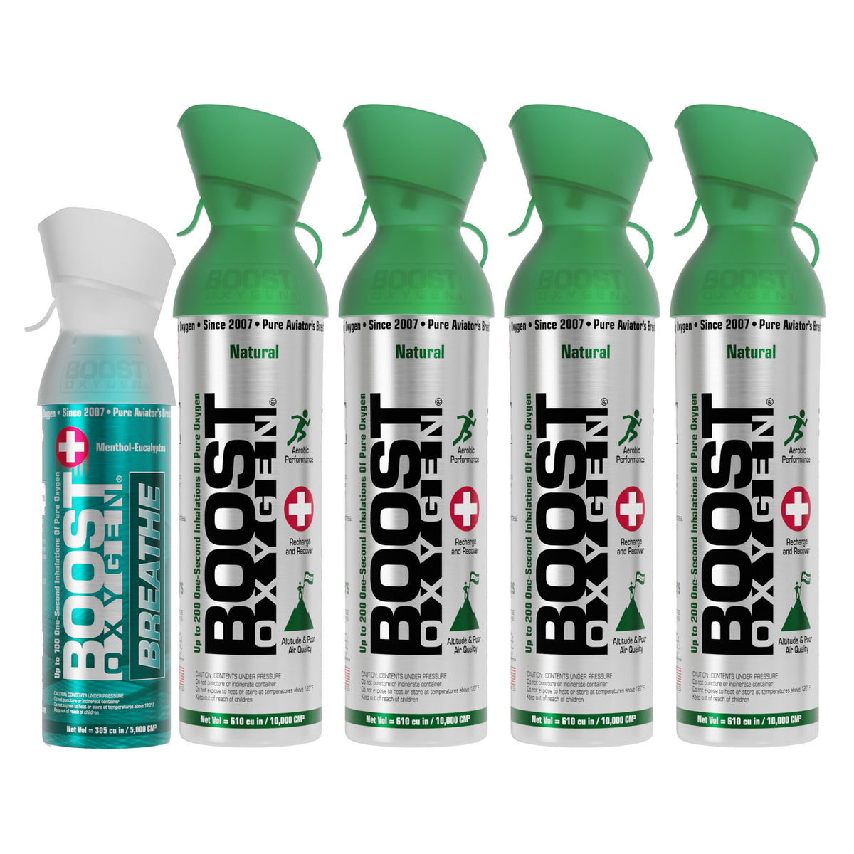 Boost Oxygen 10 Liter Natural (4 Pk) & 5-Liter Eucalyptus (1 Pk) Canned Oxygen
