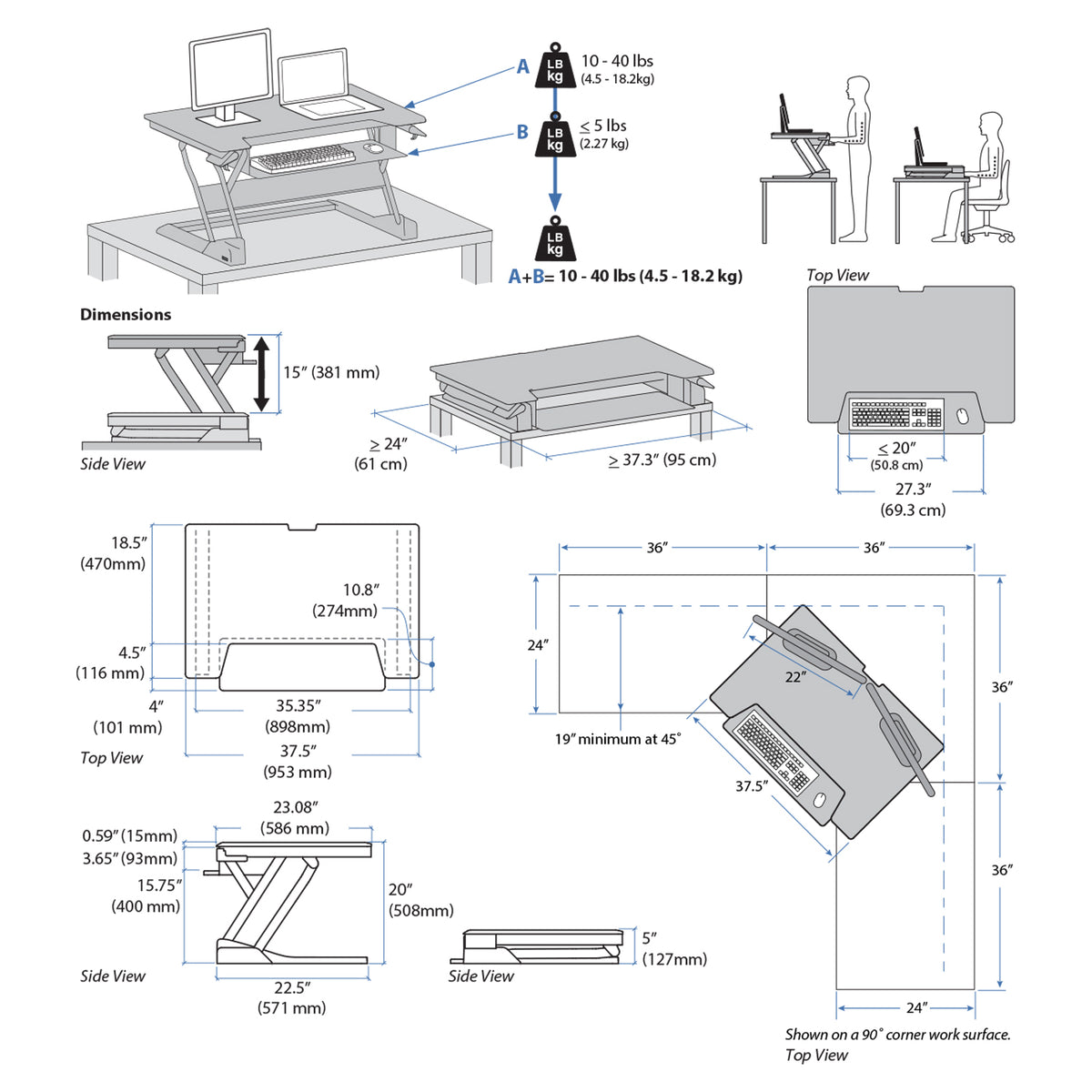 Ergotron WorkFit-TL Adjustable Sit to Stand Standing Desk Workstation Converter