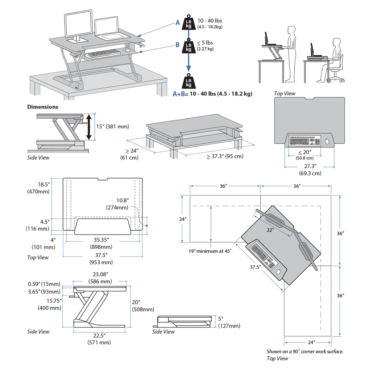 Ergotron WorkFit-TL Adjustable Sit to Stand Standing Desk Workstation Converter