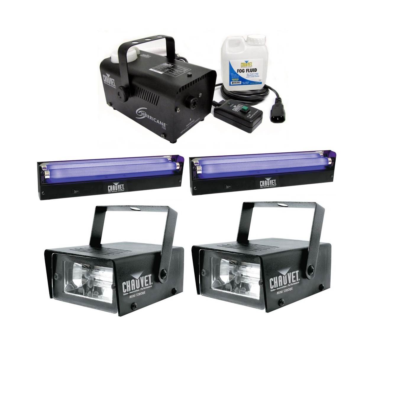 2 CHAUVET Mini Strobe Lights + Hurricane H700 Fog Machine + 2 NV-F18 Blacklights