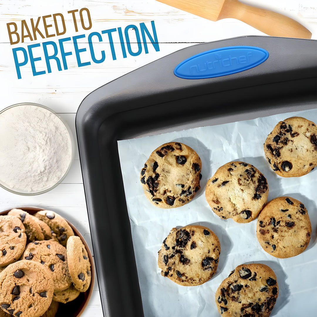 NutriChef 2 Pack Baking Pans Set, Kitchen Cookie Sheets with Handles, Gray/Blue - VMInnovations